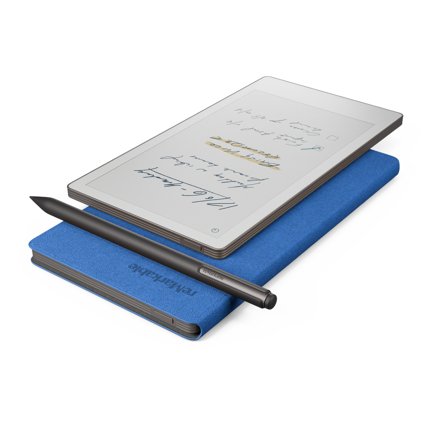 A digital tablet with handwritten notes, a stylus, and a blue cover. The tablet rests on the cover, all on a white surface.