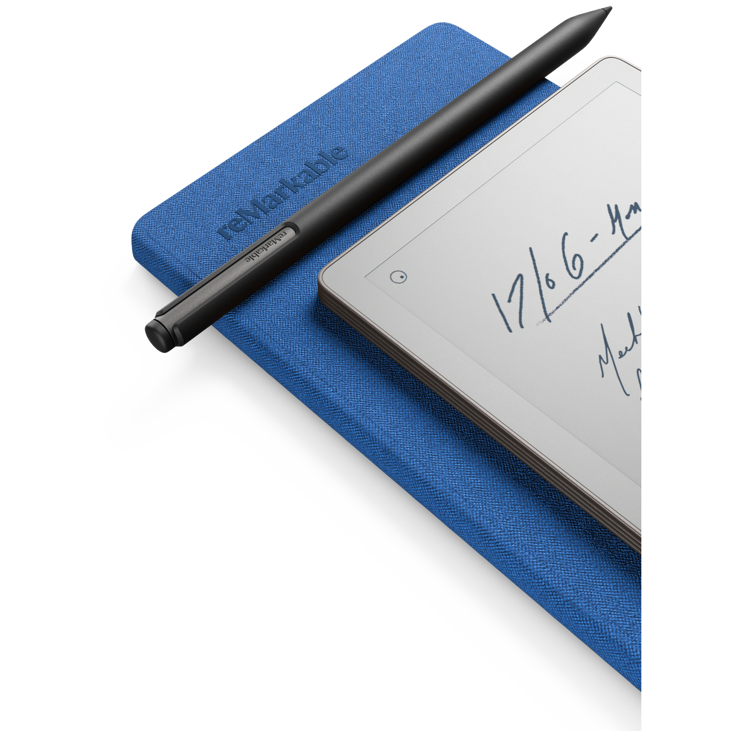 A black stylus rests on a blue tablet cover, with a tablet displaying handwritten notes. The cover has the word 'remarkable'.