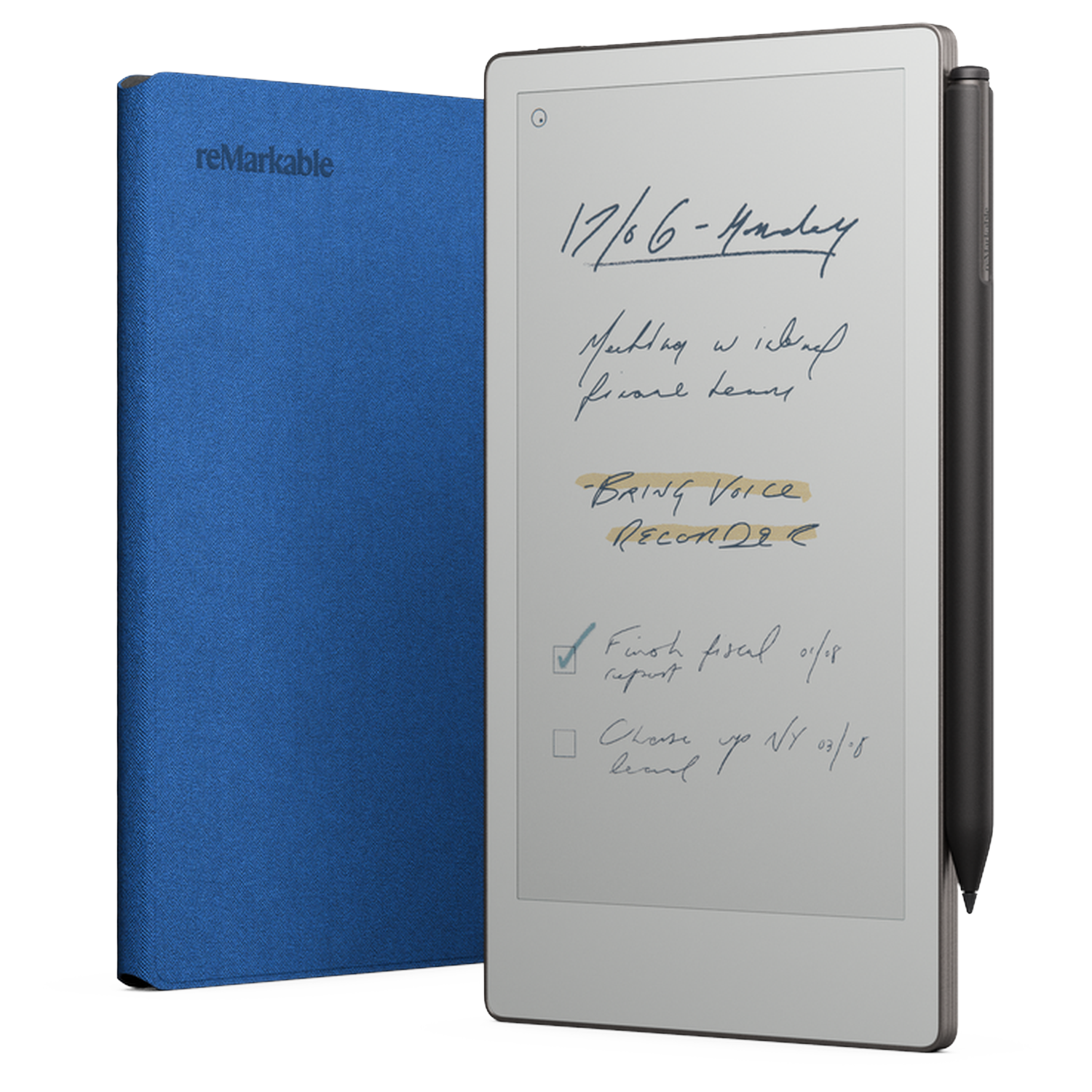 A tablet with a blue cover and a stylus. The tablet screen shows handwritten notes. The cover is on the left.