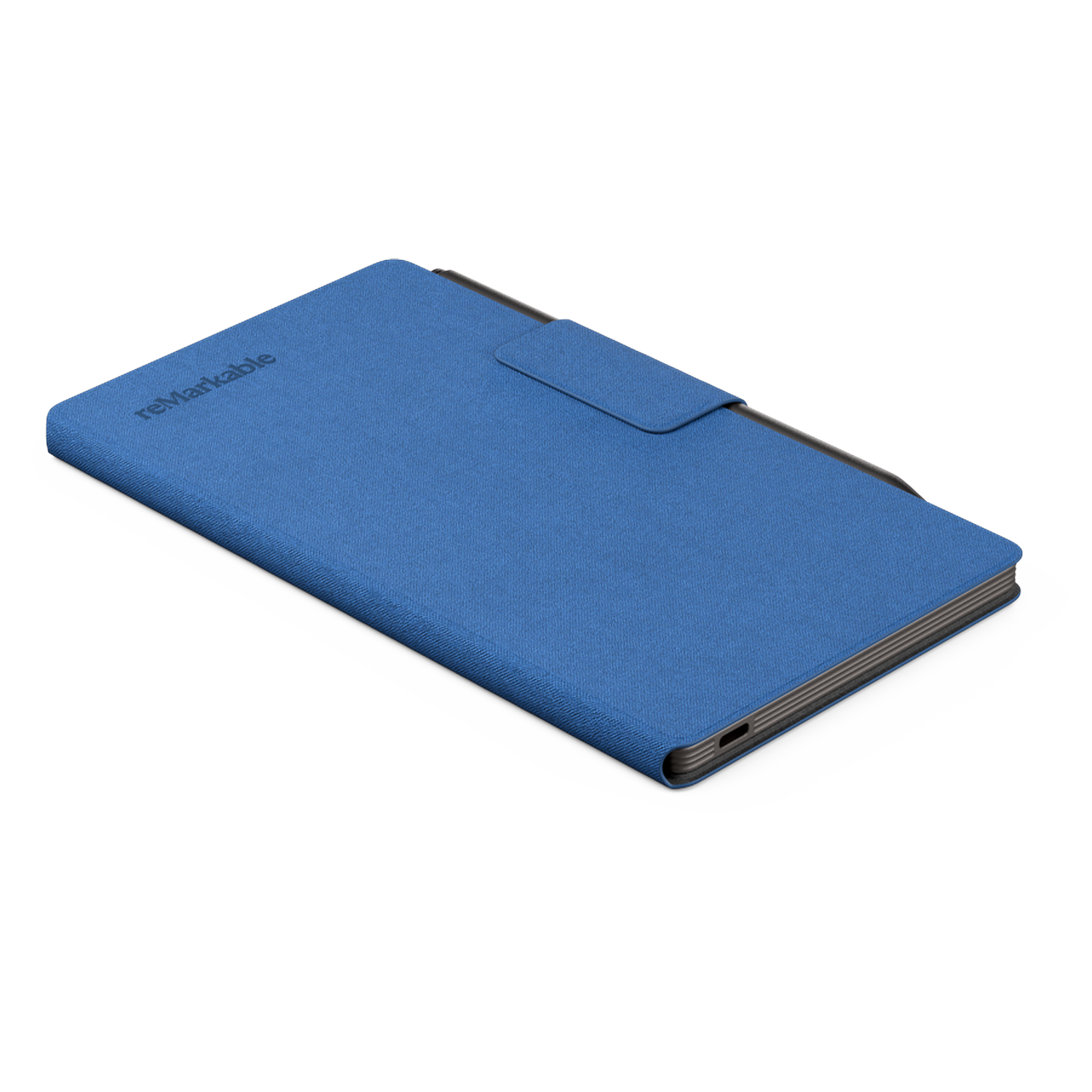 A blue Remarkable tablet case, slightly angled. The case has a flap and a black border. The background is white.