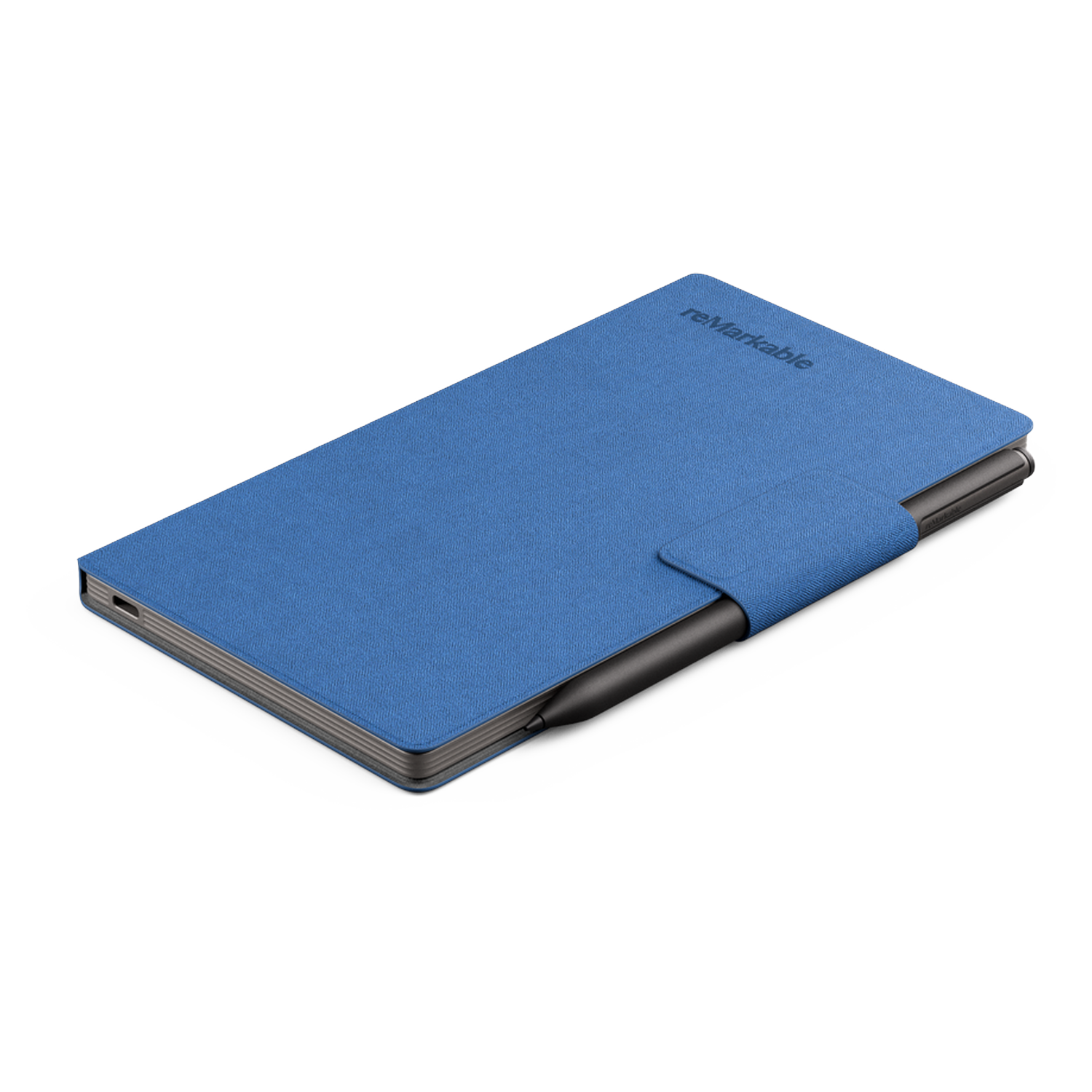A blue reMarkable tablet with a black stylus. The tablet is closed, with the stylus inserted in a loop.
