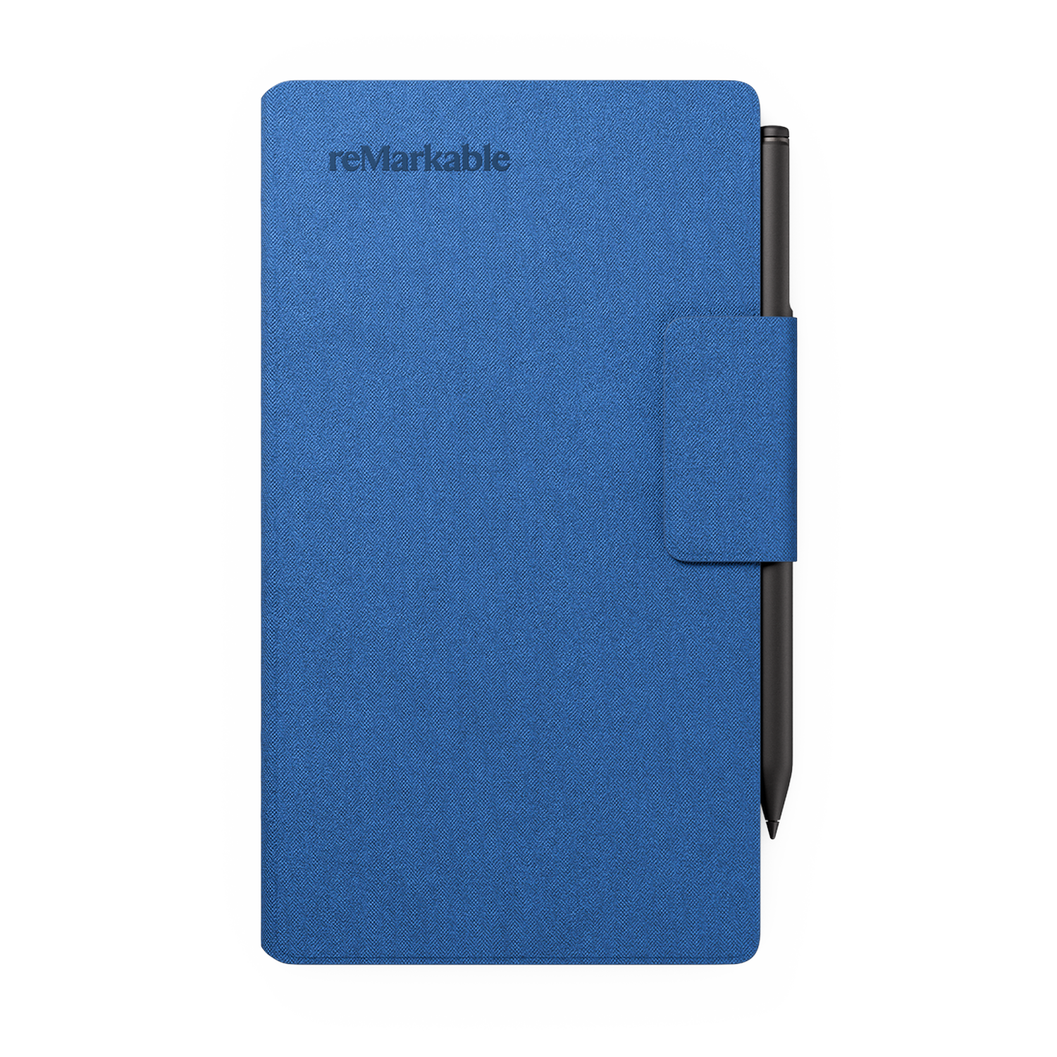 A blue reMarkable tablet with a pen. The tablet has the brand name on it. The pen is black and attached to the tablet.
