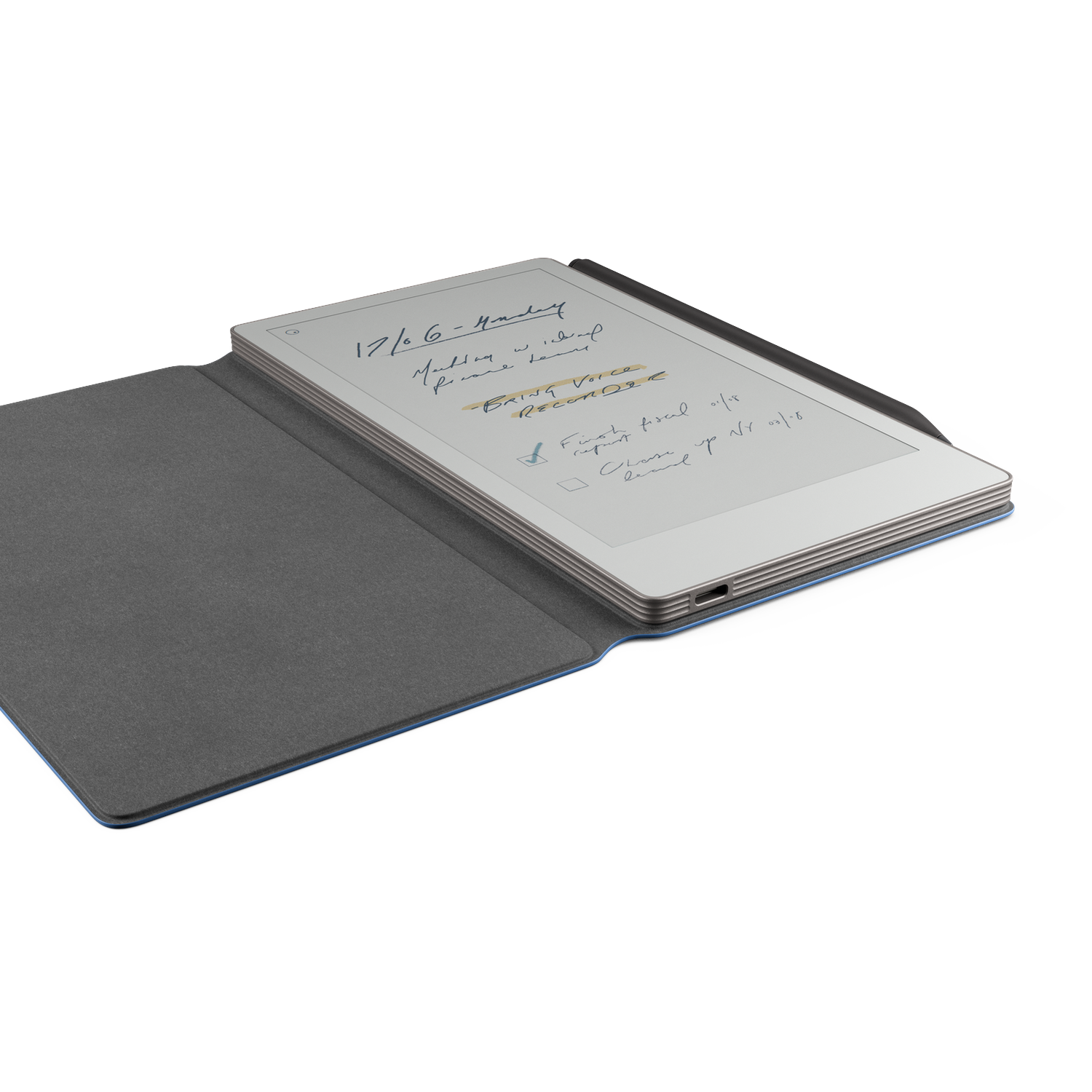 A tablet with a handwritten to-do list is open. The tablet is in a blue and gray case. A pen lays on top.