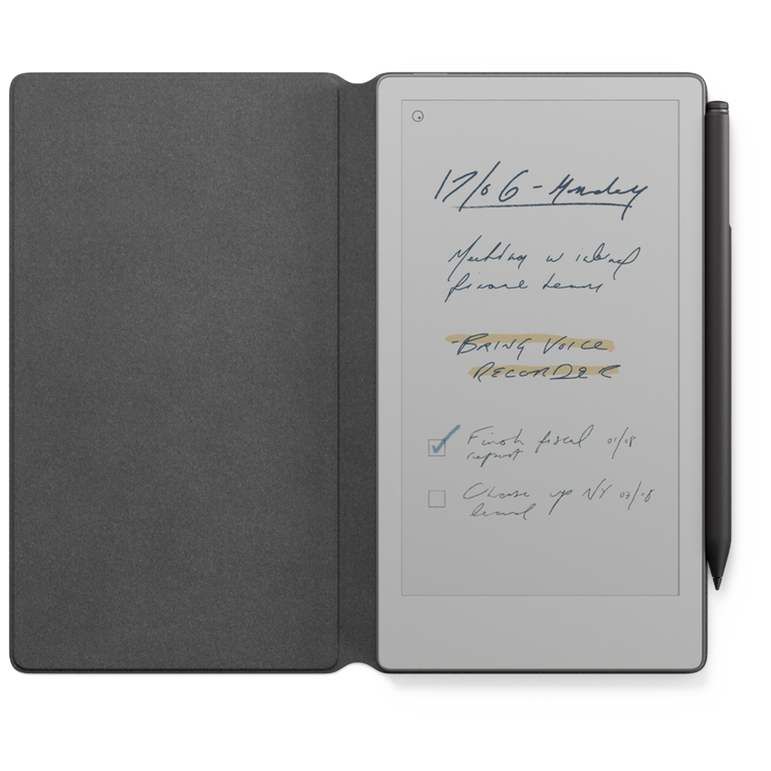 A digital notepad with handwritten notes. It includes a date, meeting details, and to-do list, with a stylus on the side.