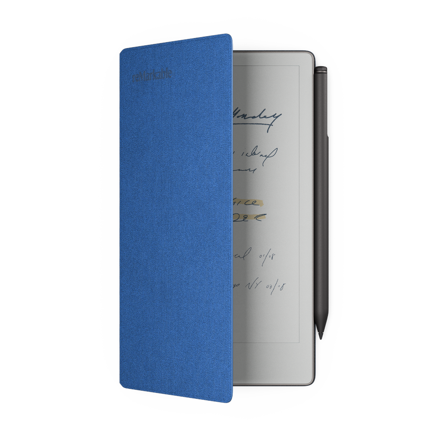 A blue Remarkable tablet with a pen. The screen shows handwritten notes. The cover is open, revealing the screen.