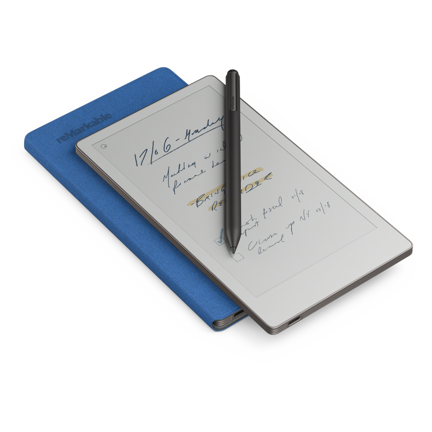 A digital notepad with handwritten notes and a stylus pen on a blue cover. The screen displays text and check boxes.