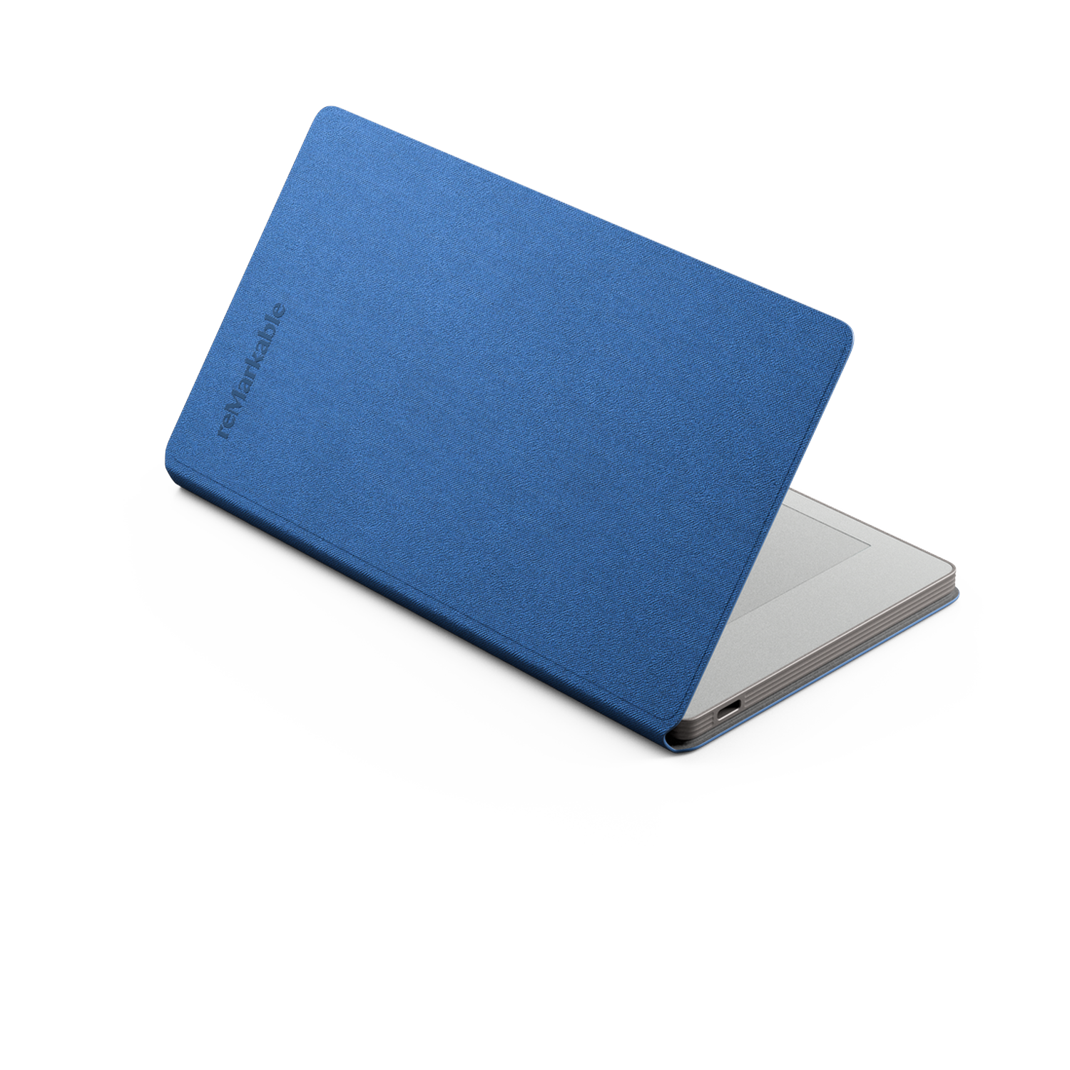 A blue tablet cover with the word remarkable on it, partially open revealing a silver tablet. White background.