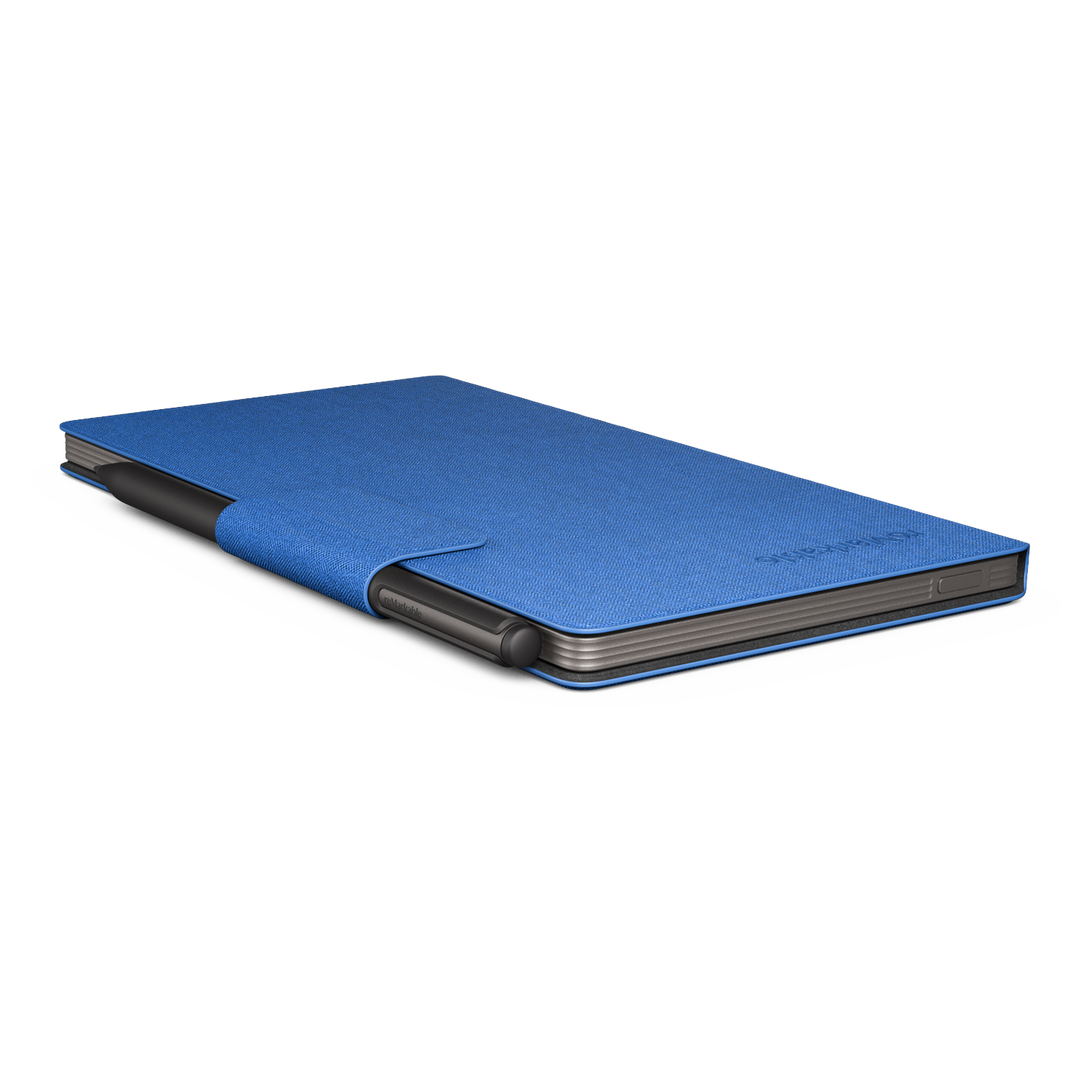 Blue tablet with a black stylus. The tablet is in a blue cover, and the stylus is placed on the side.