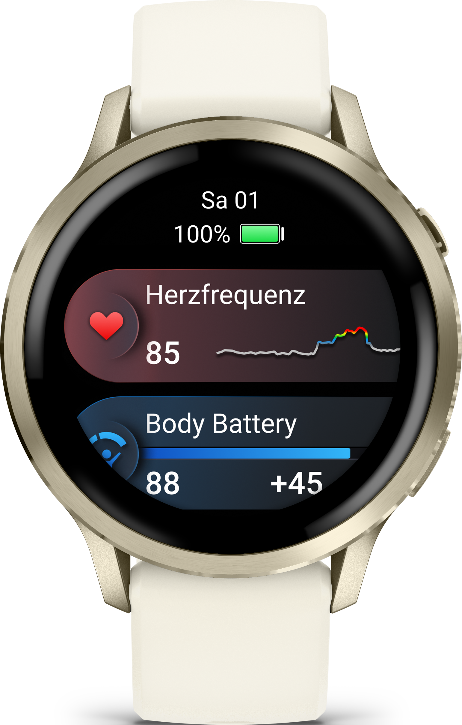 Une montre connectée affiche la fréquence cardiaque (85), la batterie corporelle (88) et la date. La montre a un bracelet blanc et une lunette dorée.