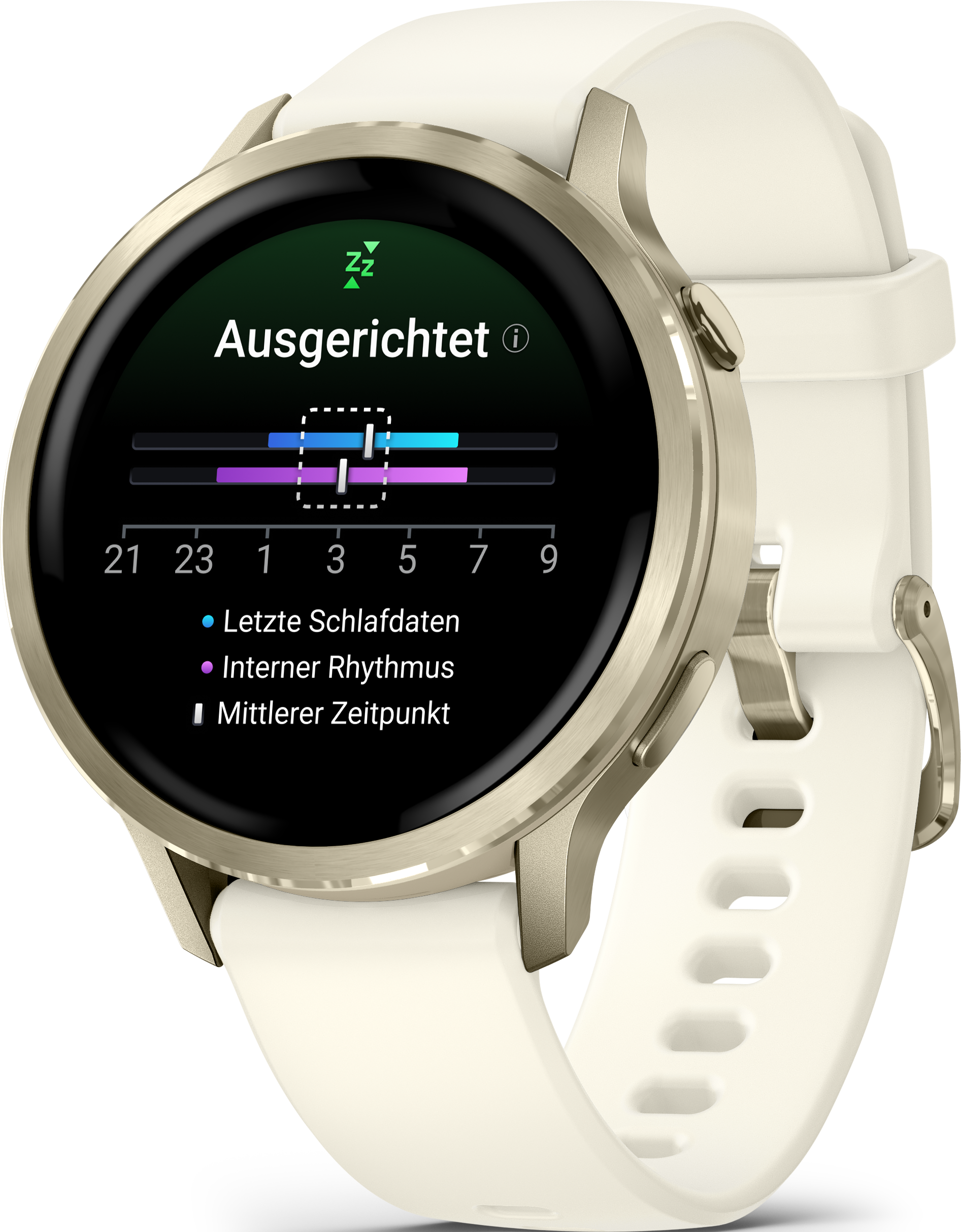 Montre connectée crème affichant des données de sommeil, avec un bracelet blanc. L'écran montre une analyse du sommeil.