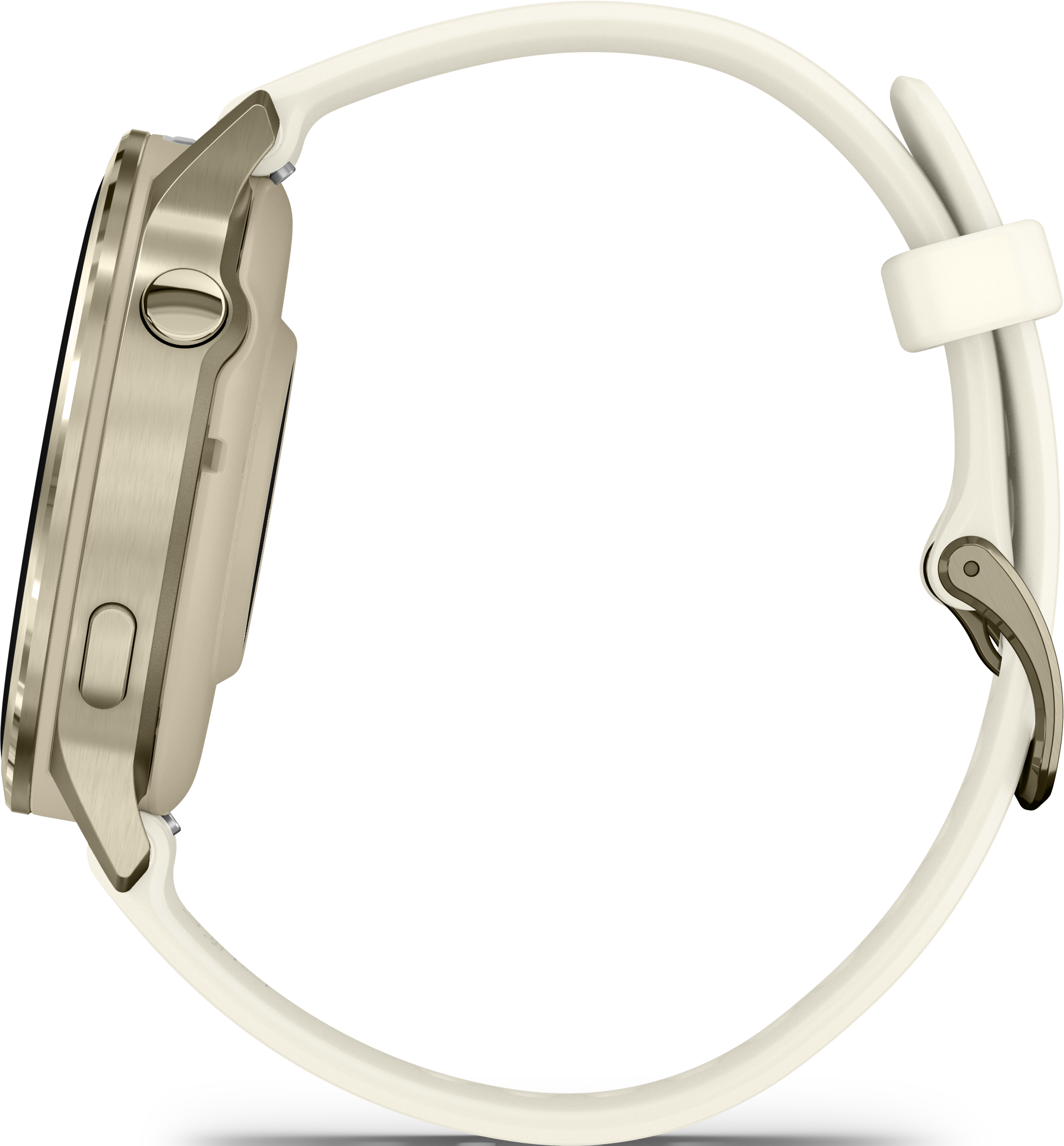 Vue latérale d'une montre connectée dorée avec bracelet blanc. La montre sur fond noir.