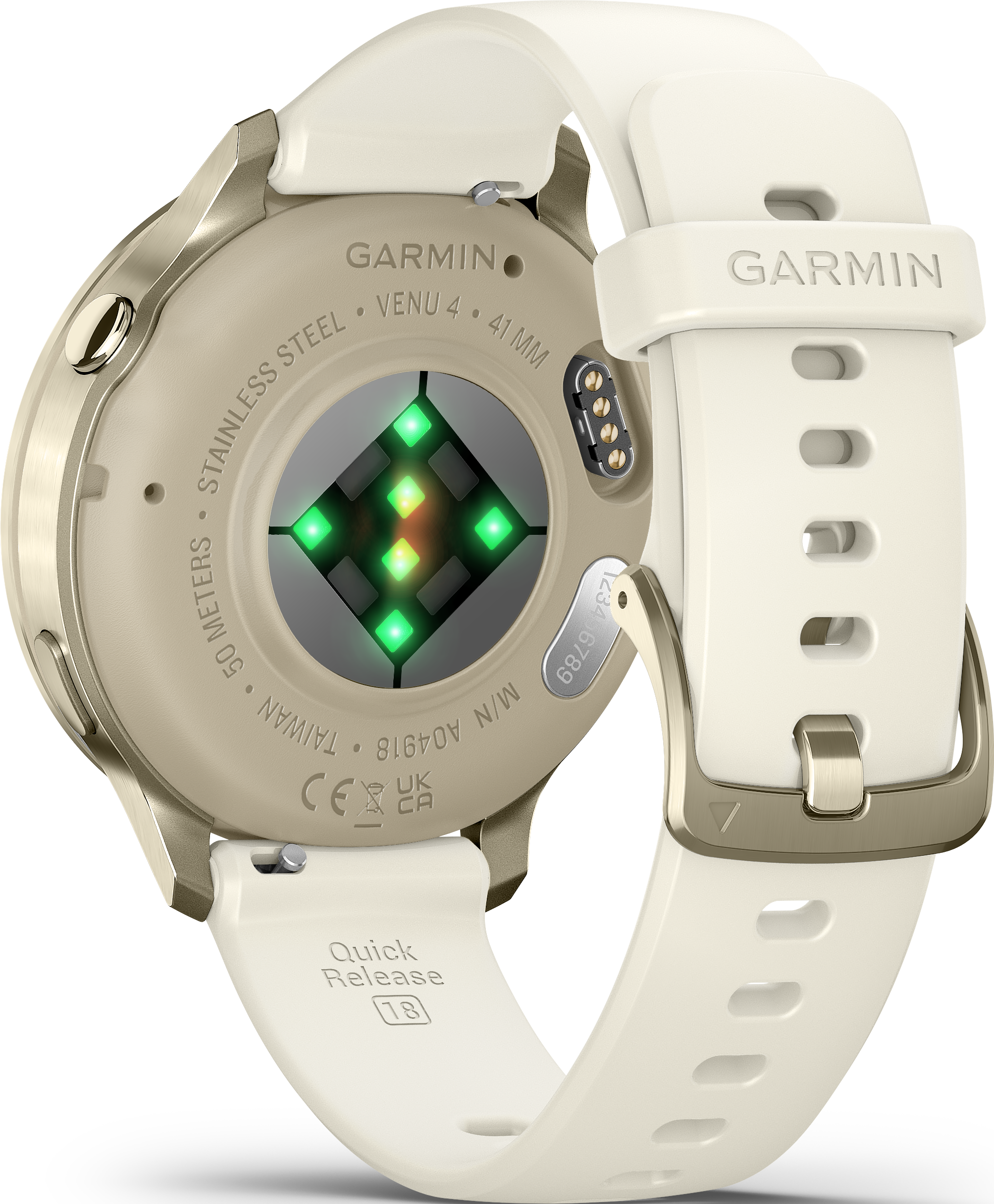 Une smartwatch Garmin Venu 4 avec un bracelet crème. L'arrière montre des capteurs et le logo Garmin.