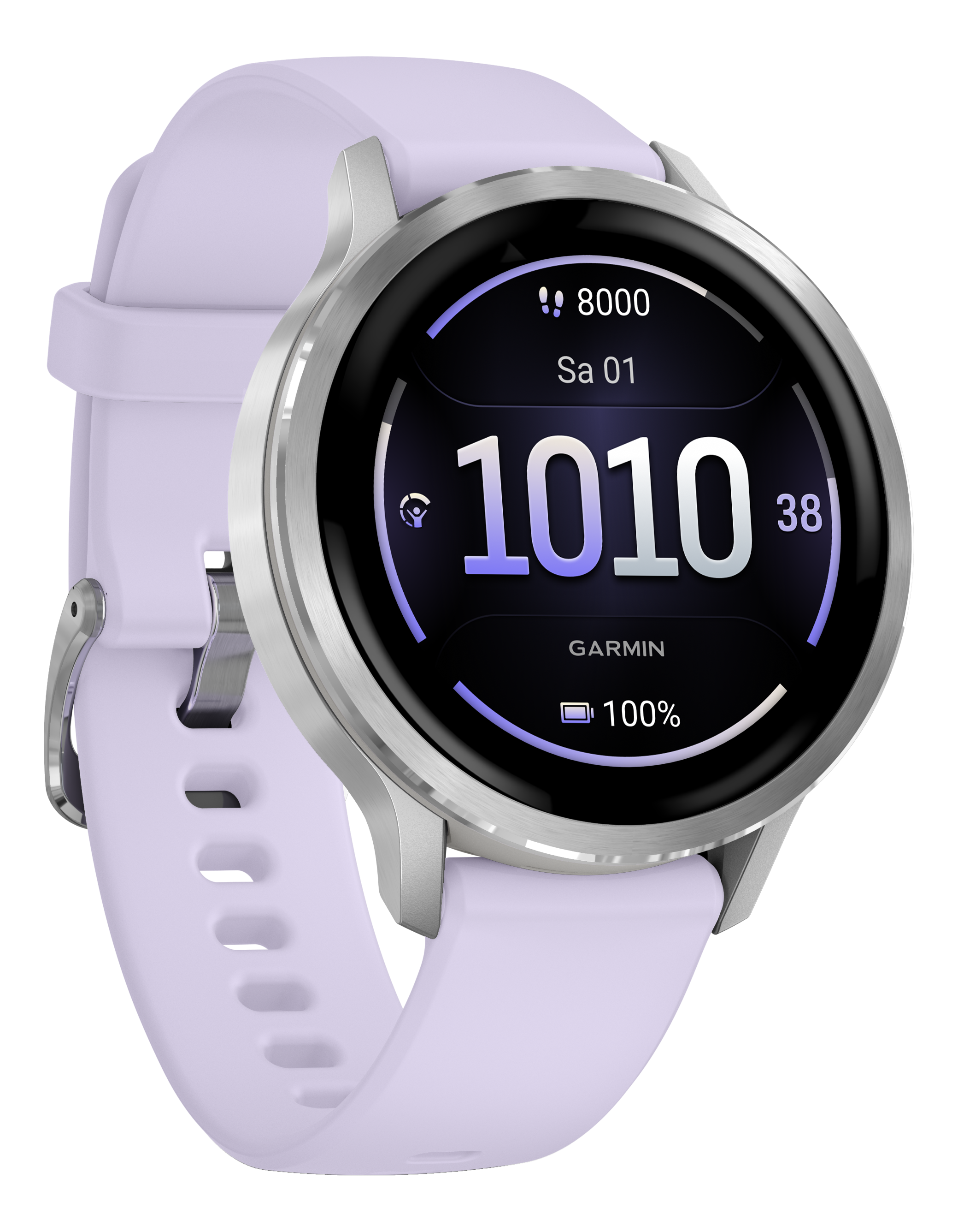 Une montre connectée lavande avec une lunette argentée et un écran noir affichant des données. Le bracelet est lavande. Le fond est noir.