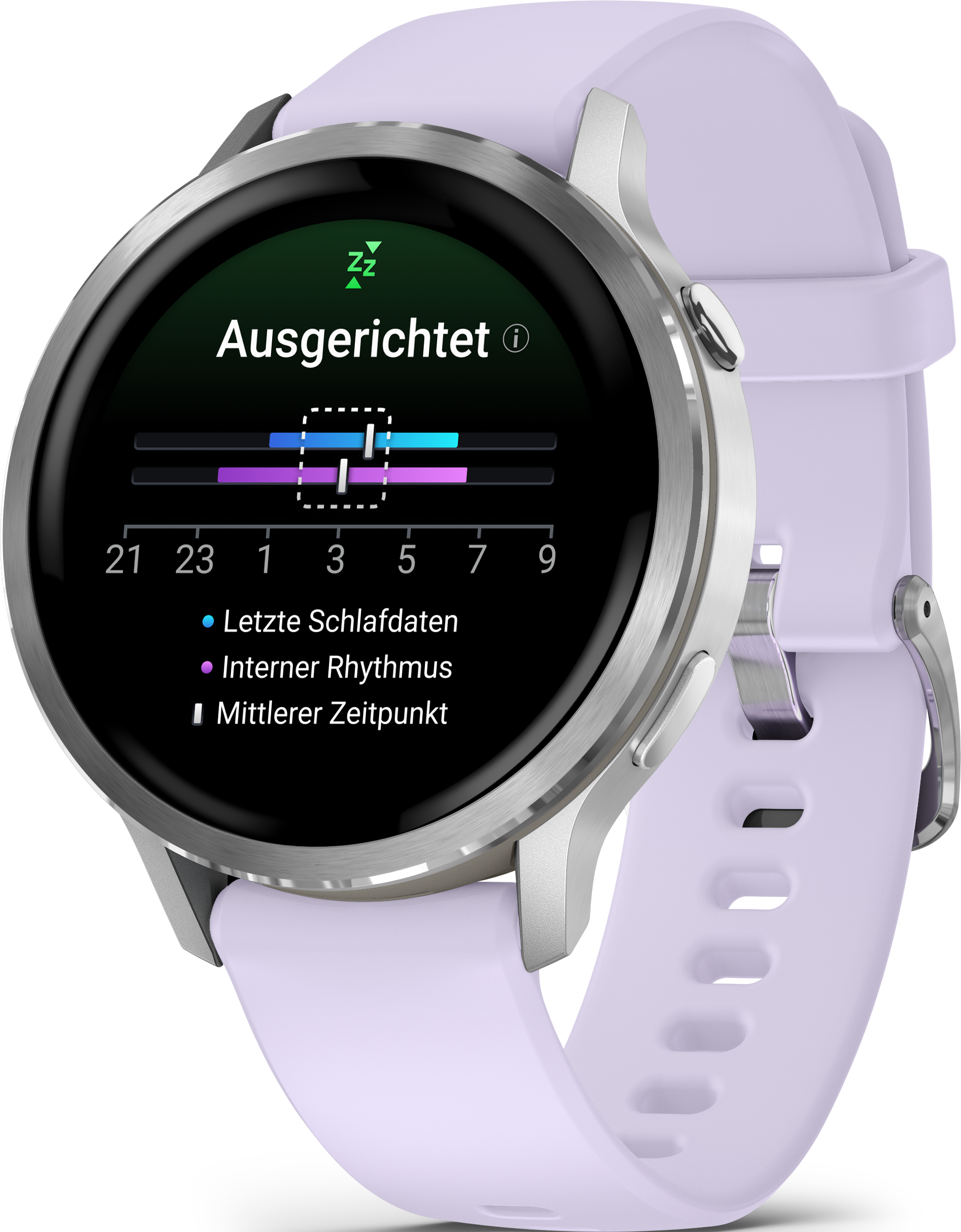 Une smartwatch avec un bracelet lilas affiche les données de sommeil. L'écran montre les phases et les intervalles de temps.