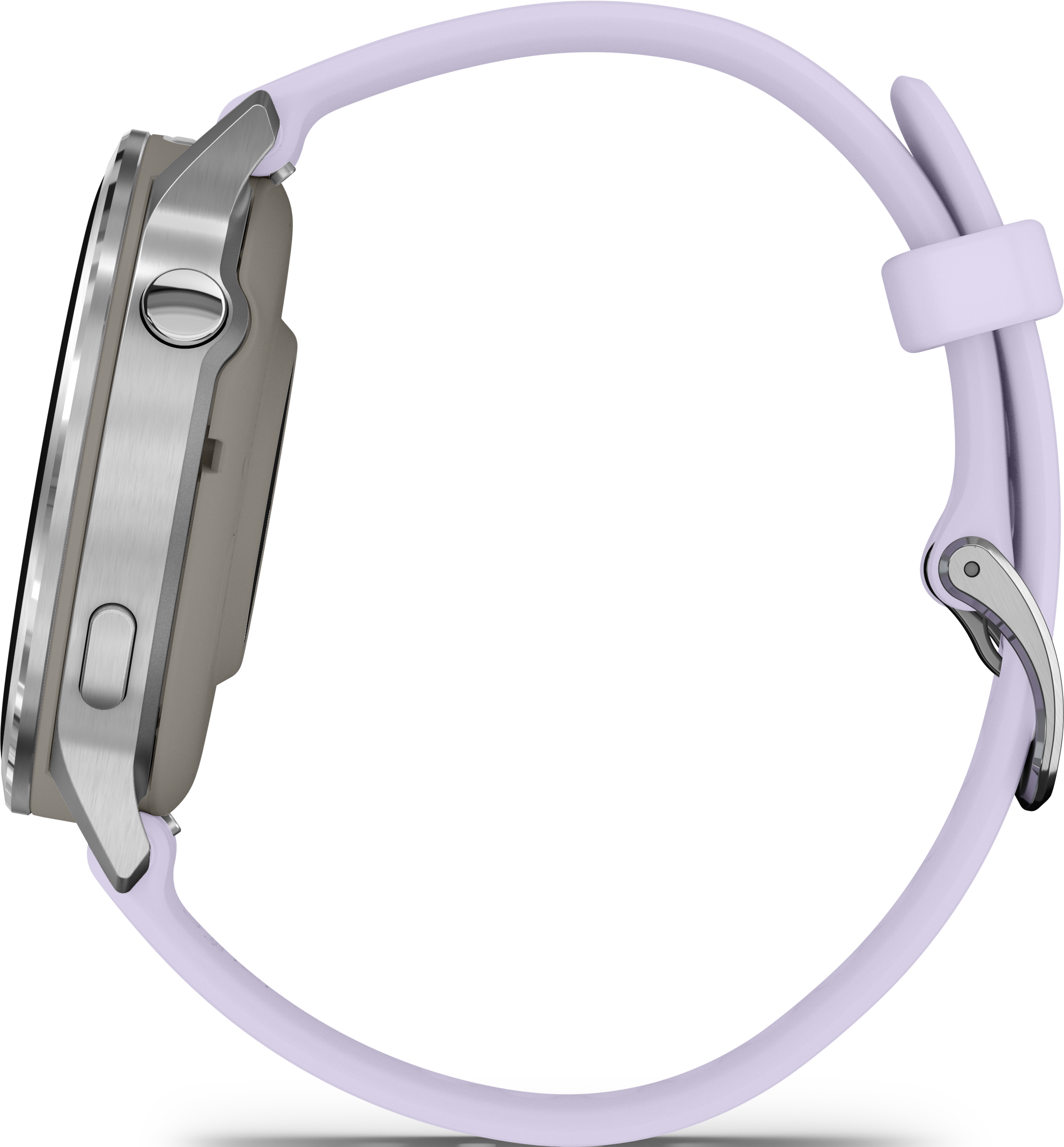 Vue latérale d'une montre intelligente argentée avec un bracelet violet clair sur fond noir.