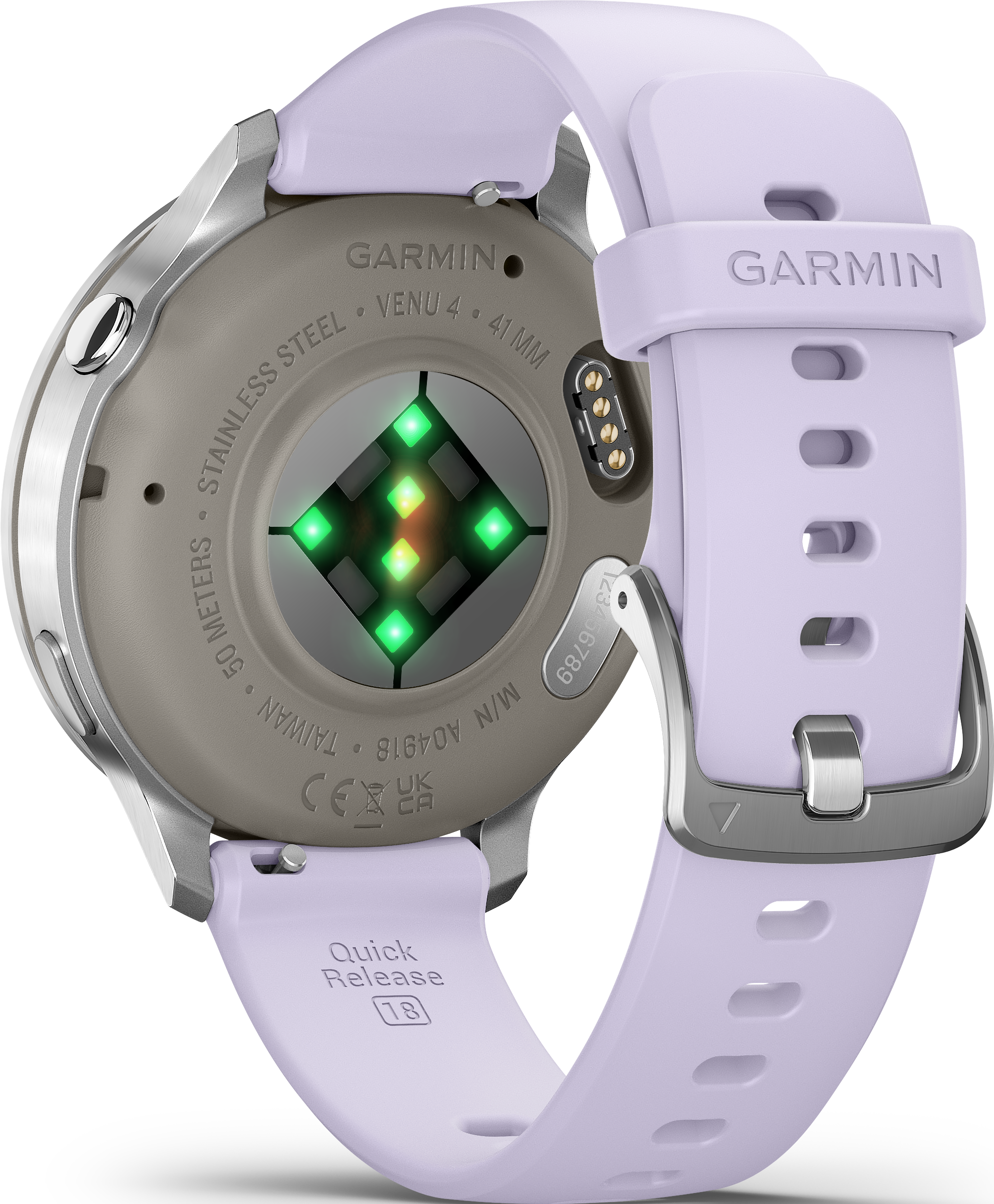 Une montre connectée Garmin Venu 4. Elle a un bracelet lavande et un boîtier argenté. Le dos montre les capteurs et infos.