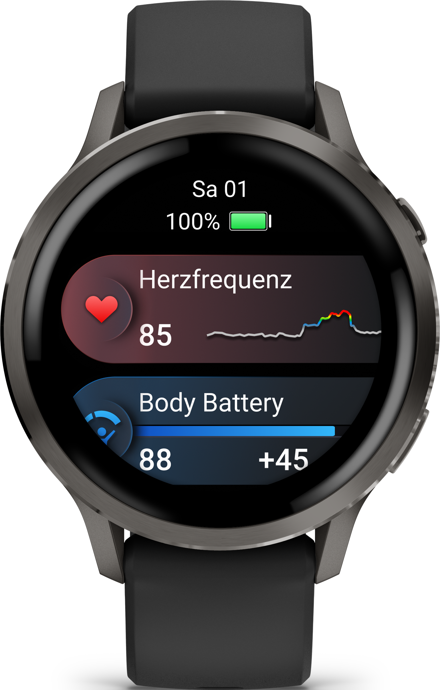 Smartwatch affichant fréquence cardiaque 85 et batterie corporelle 88. Batterie pleine. Affiche Sa 01.