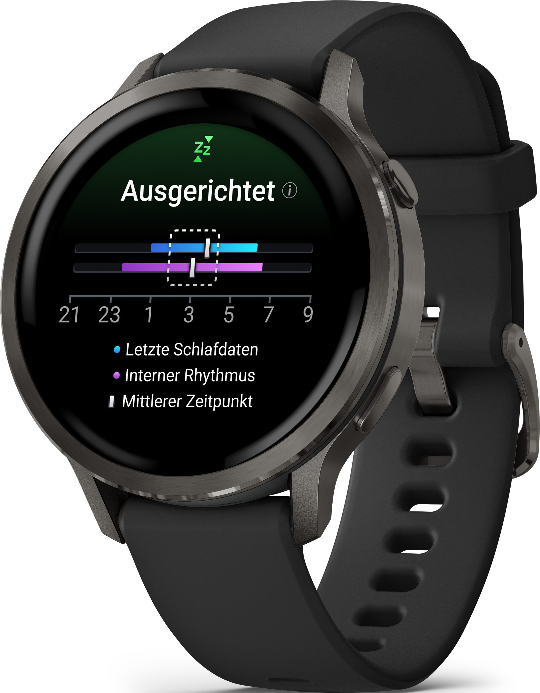 Une montre connectée affiche les données de sommeil. Elle a un cadran rond avec un bracelet noir. L'écran montre les phases.