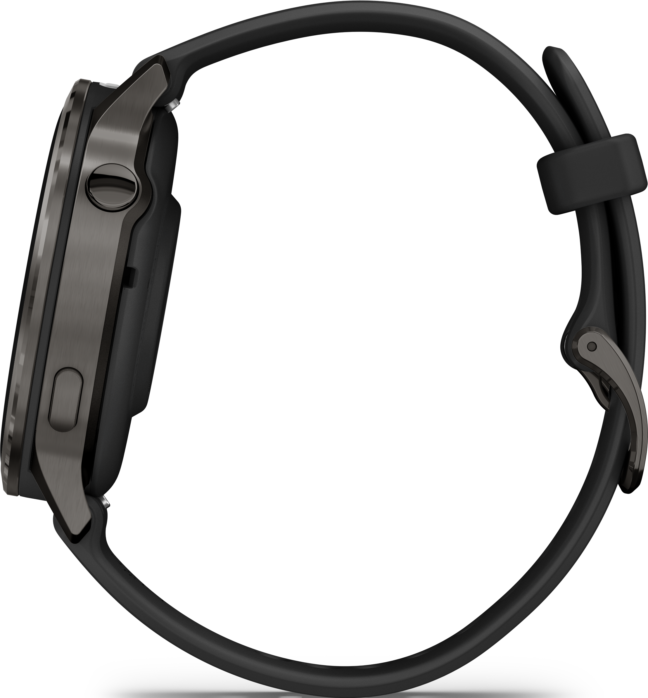 Vue latérale d'une montre connectée noire avec bracelet noir sur fond noir. La montre a une lunette métallique.