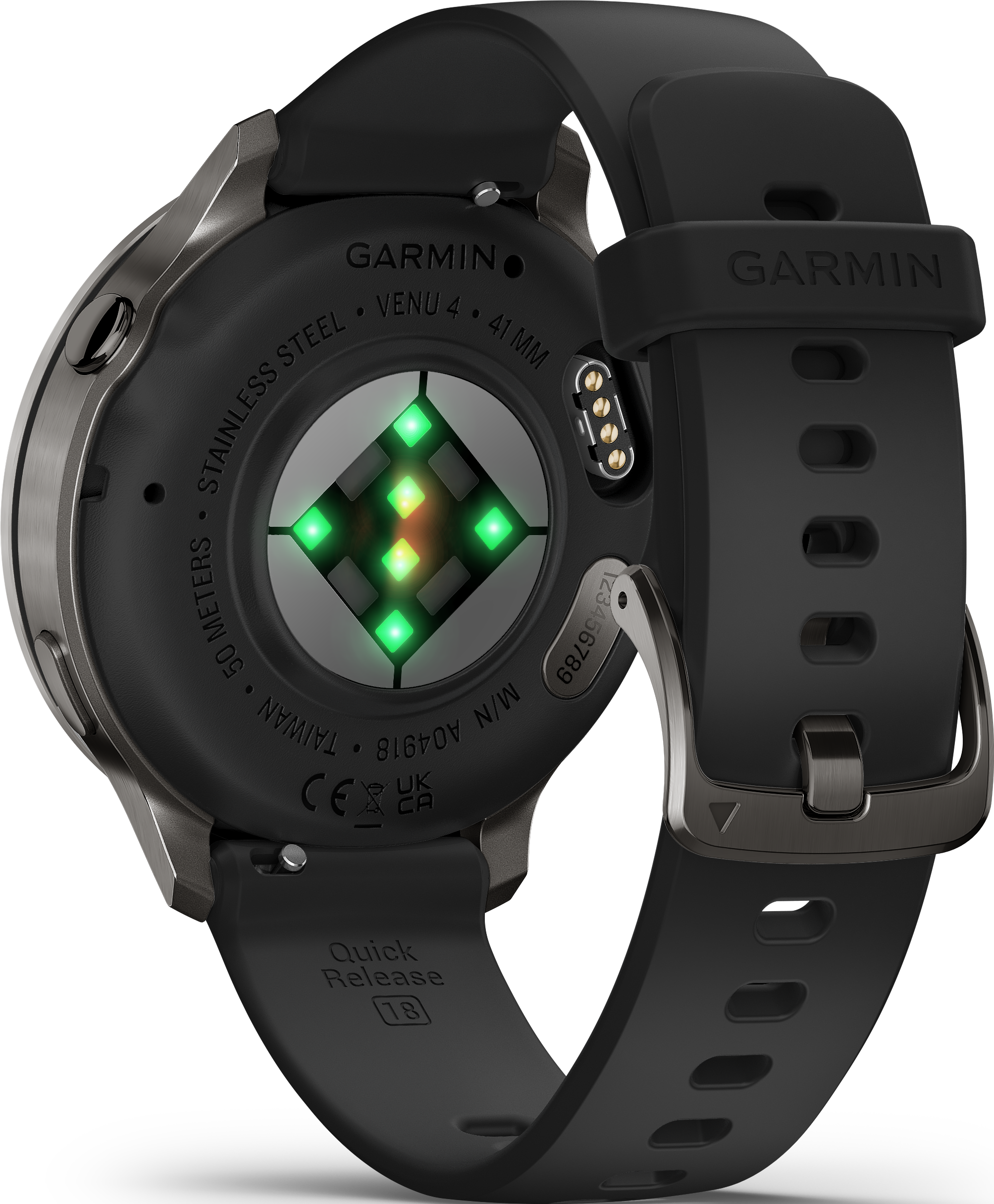Une montre connectée Garmin Venu 4, bracelet noir. L'arrière montre des capteurs et le texte : Garmin, Acier inoxydable, Taïwan et Quick Release.