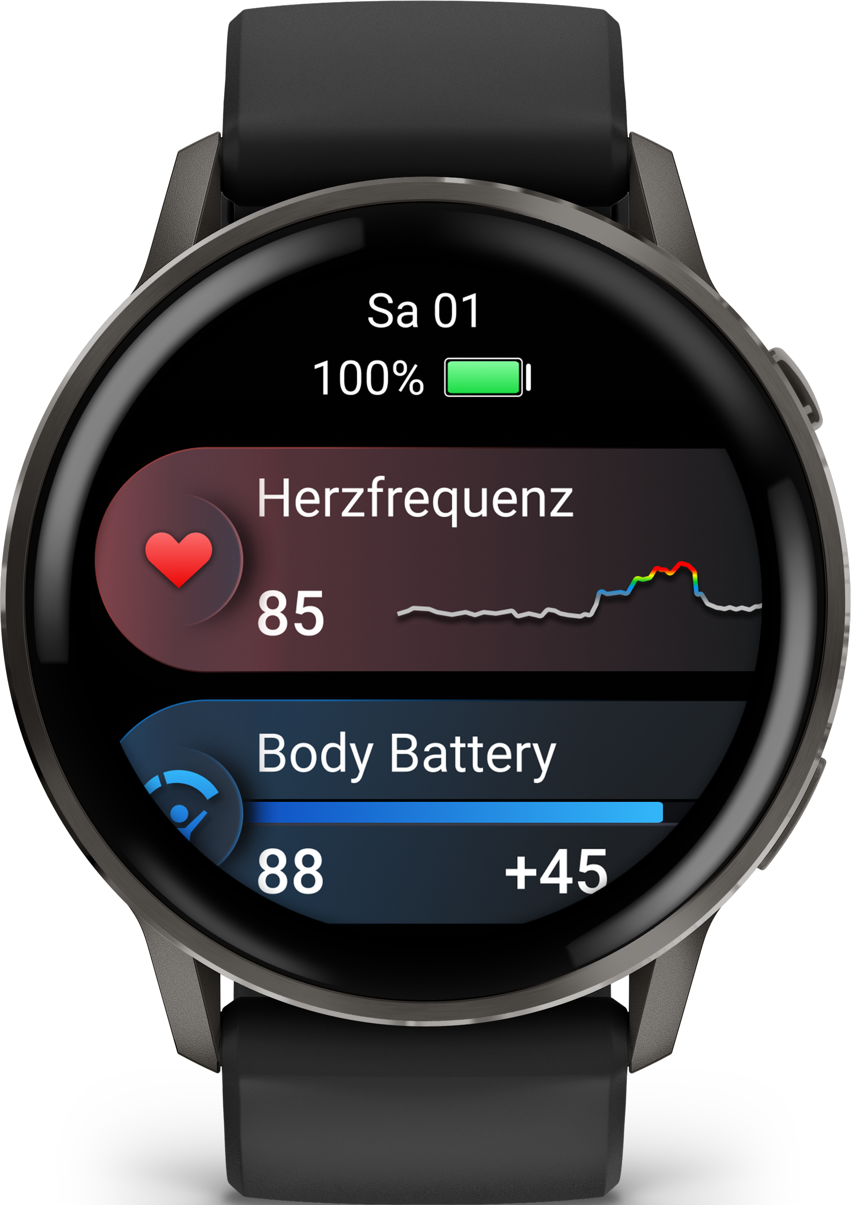 Lo schermo dello smartwatch mostra la frequenza cardiaca a 85, la batteria del corpo a 88 e la batteria al 100%. Cinturino nero e cassa grigia.