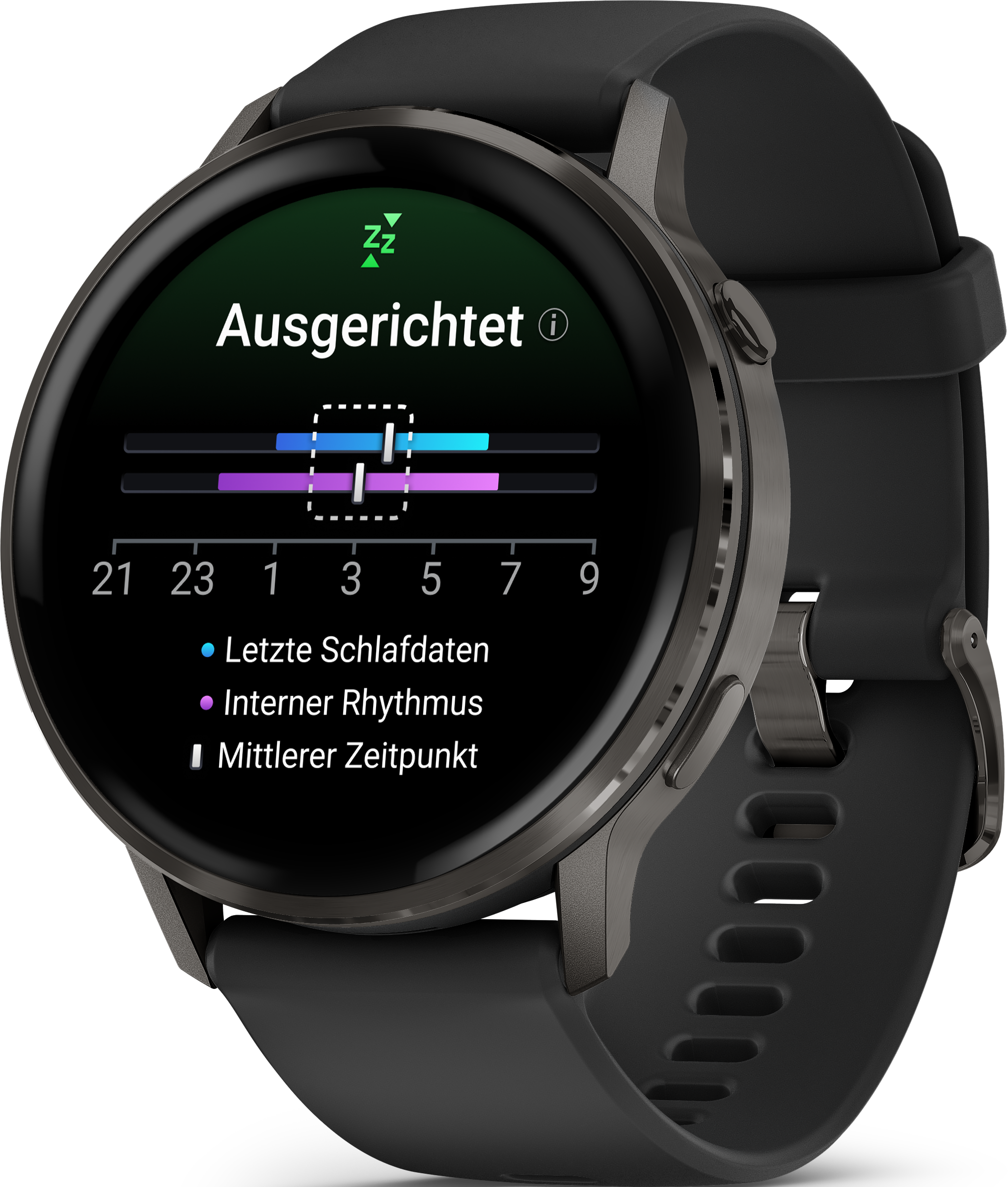 Uno smartwatch nero mostra i dati del sonno. Lo schermo mostra un'icona del sonno e la parola 'Ausgerichtet', con indicatori temporali.