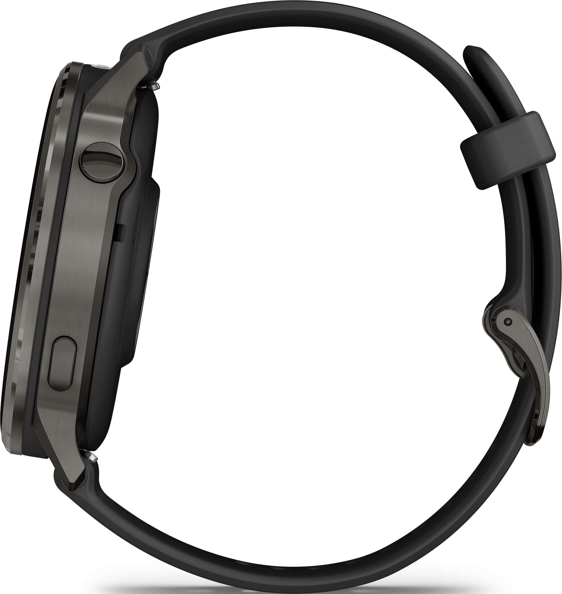Vista laterale di uno smartwatch nero con cassa in metallo grigio scuro e cinturino nero, su sfondo nero.