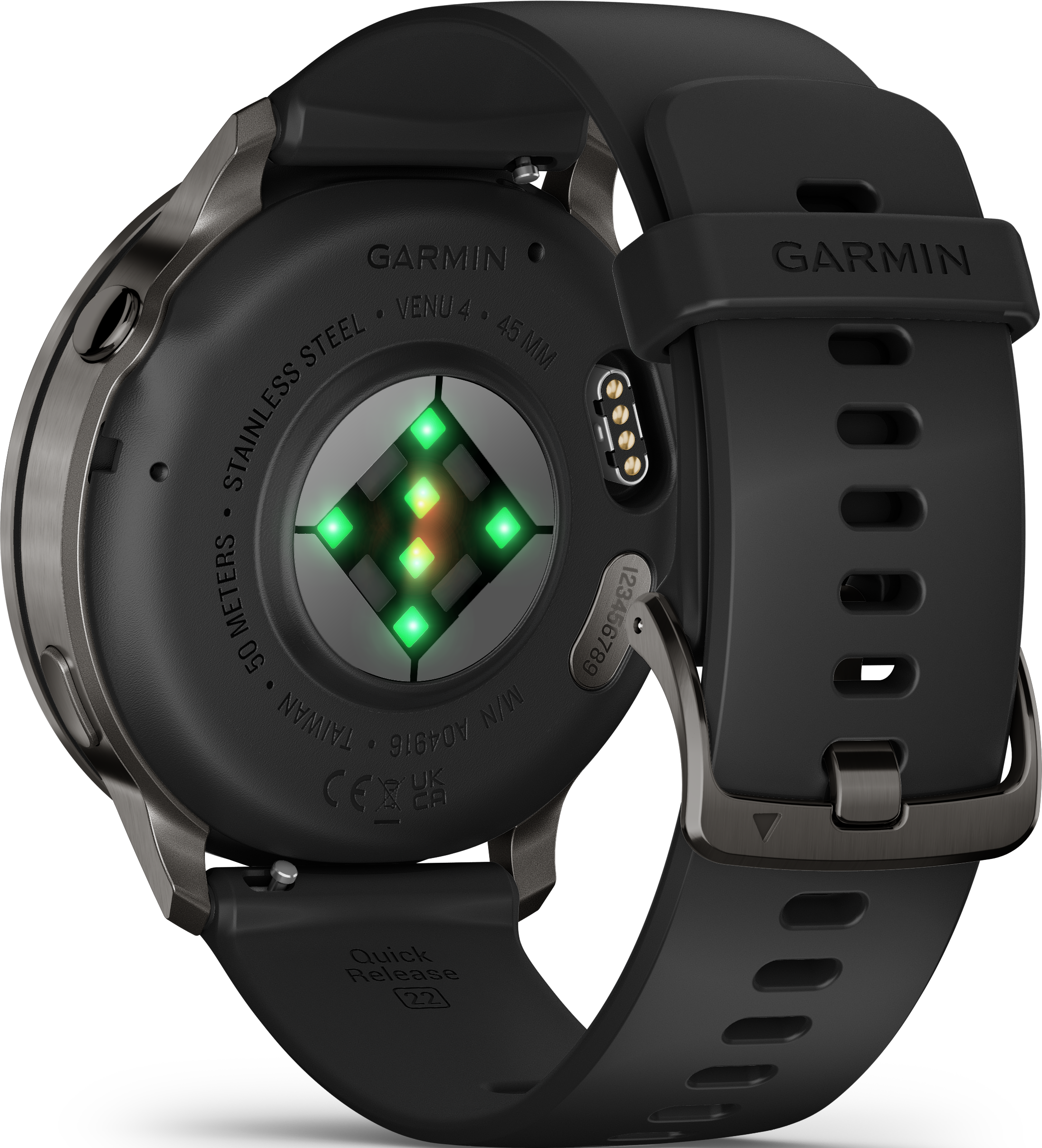 Retro dell'orologio intelligente Garmin Venu 4 nero, con sensori, cinturino e marchio.