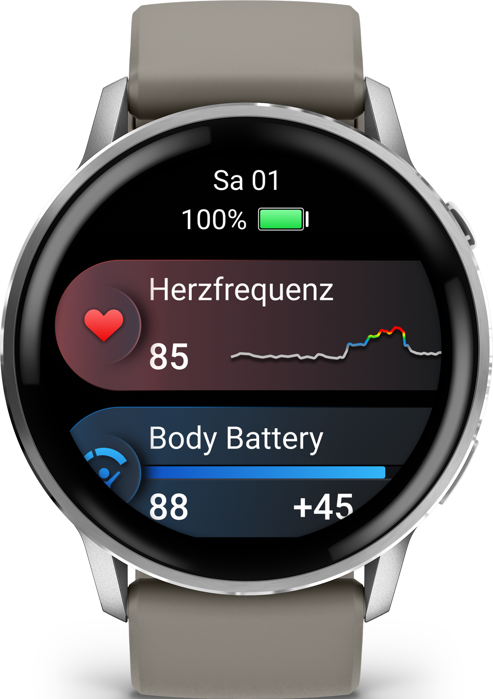 Smartwatch affichant fréquence cardiaque, batterie corporelle et date. Batterie à 100%.