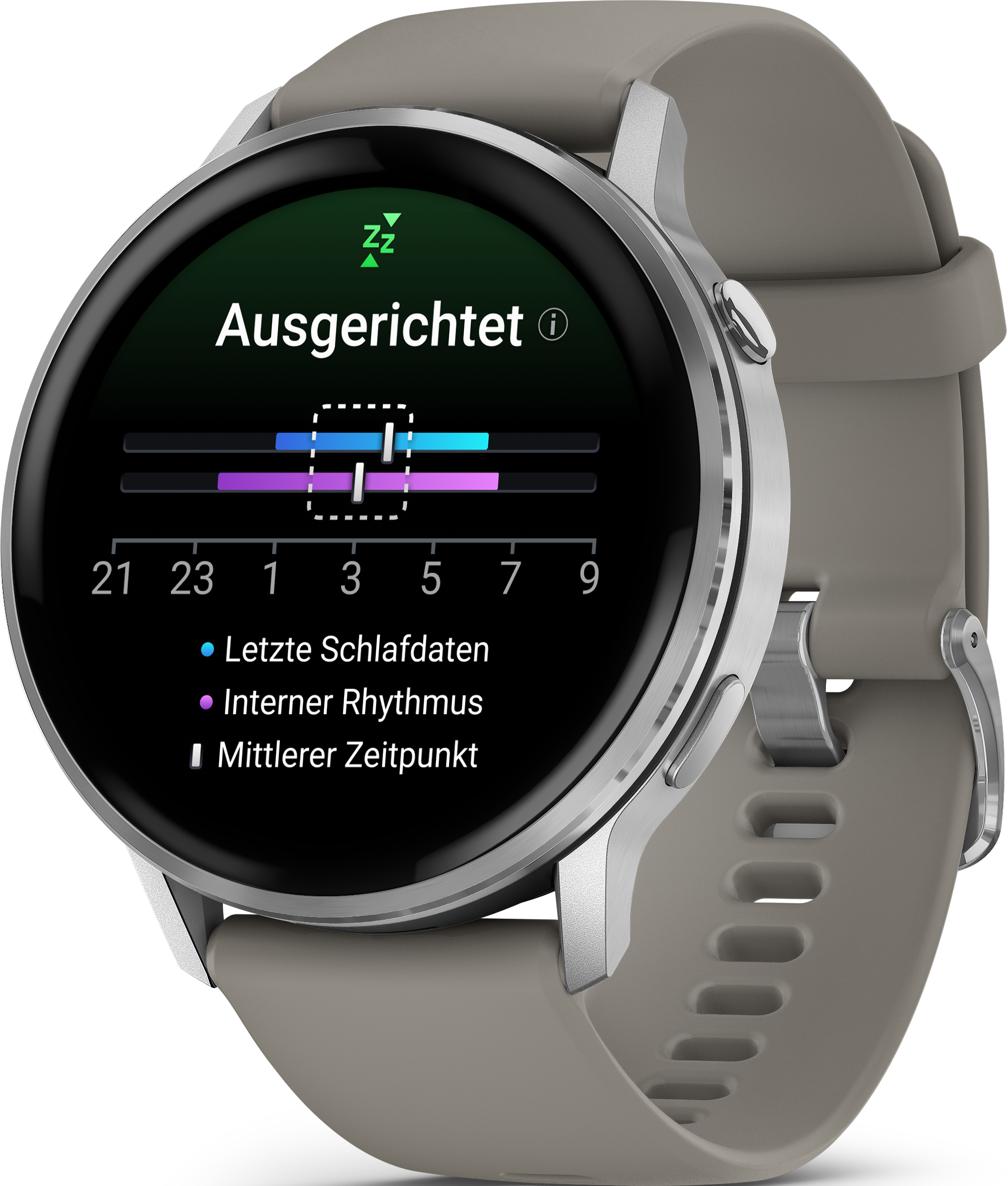Une montre intelligente affichant des données de sommeil. La montre est argentée et grise, avec un écran noir montrant les stades de sommeil.