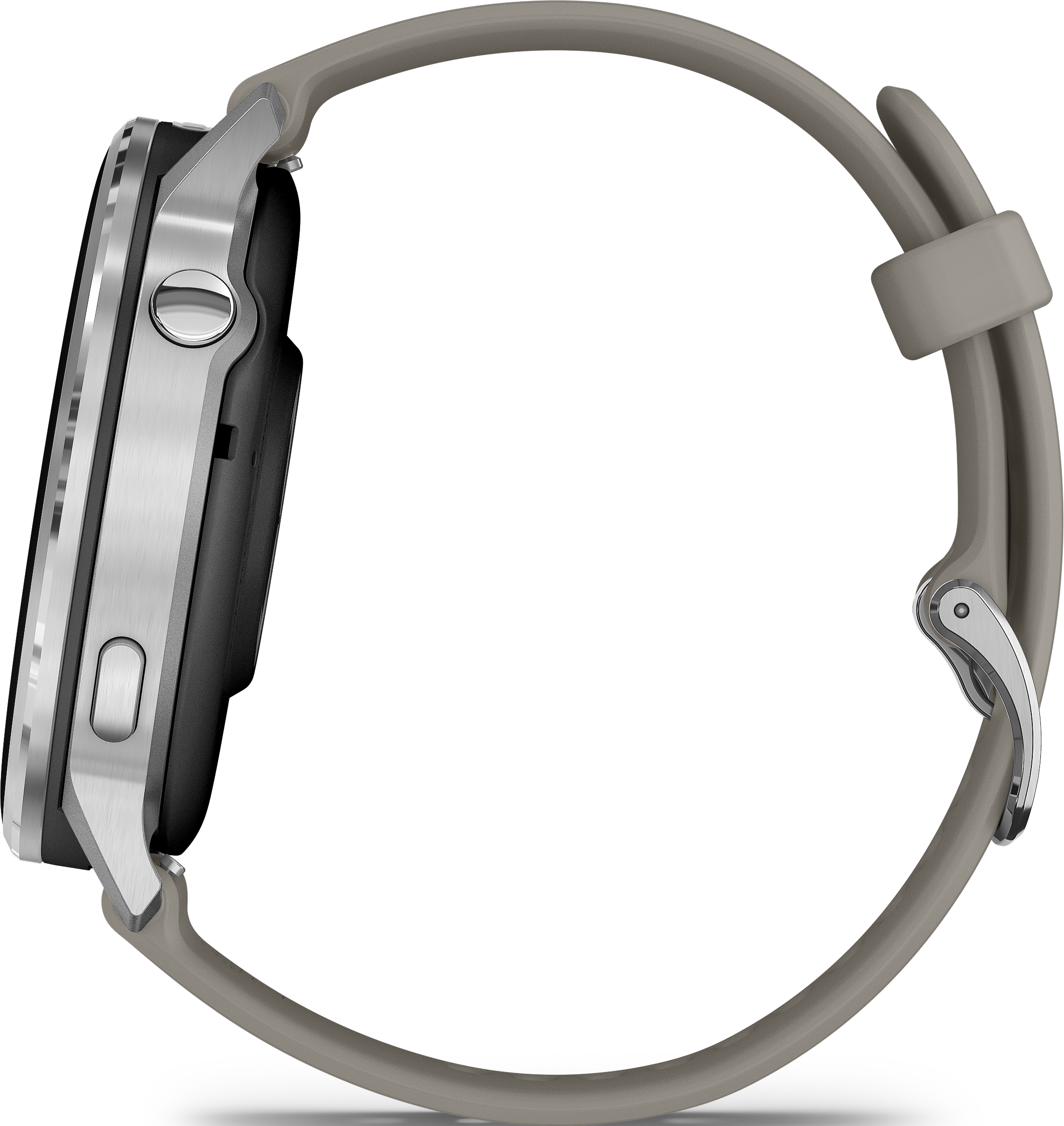Vue latérale d'une montre connectée argentée avec bracelet gris sur fond noir.
