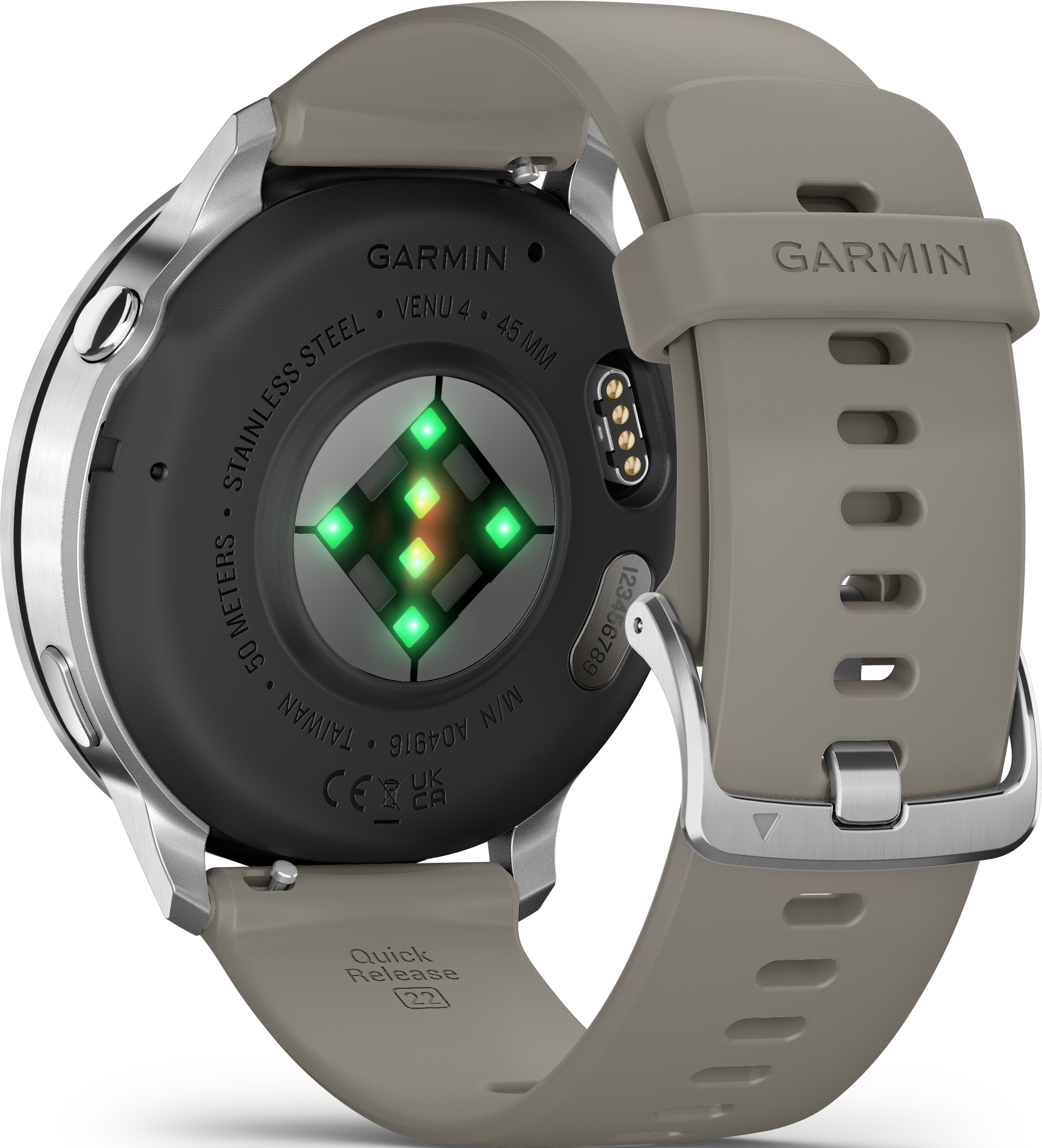 Montre connectée Garmin Venu 4, vue arrière. Bracelet gris, boîtier en acier inoxydable, dos noir avec capteurs de lumière verts.