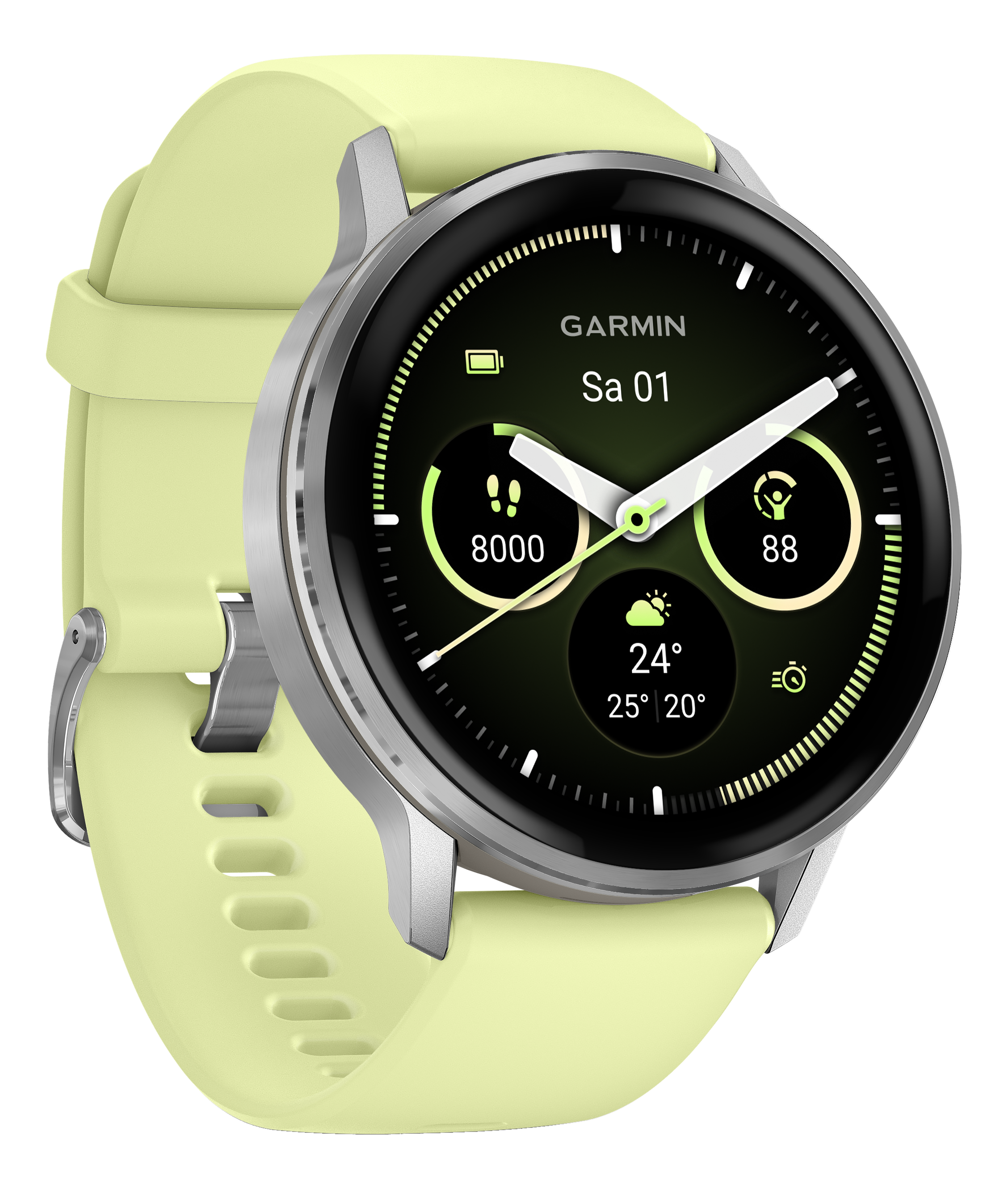 Une smartwatch Garmin avec bracelet vert et écran sombre affichant la date, les pas et les données météorologiques.