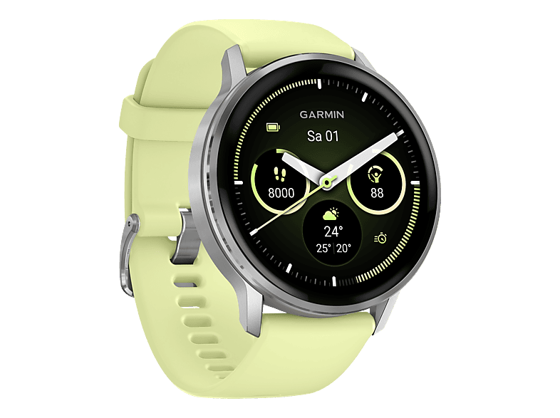 GARMIN Venu® 4 (45 mm) Smartwatch Edelstahl und faserverstärktes Polymer Silikon, 135-200 mm, Silber/Grau/Zitrone