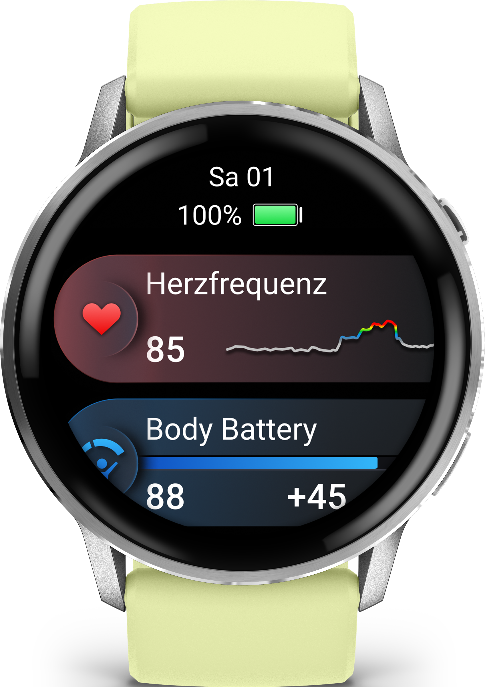 Smartwatch affichant la fréquence cardiaque (85), la batterie corporelle (88) et la durée de vie de la batterie (100%).