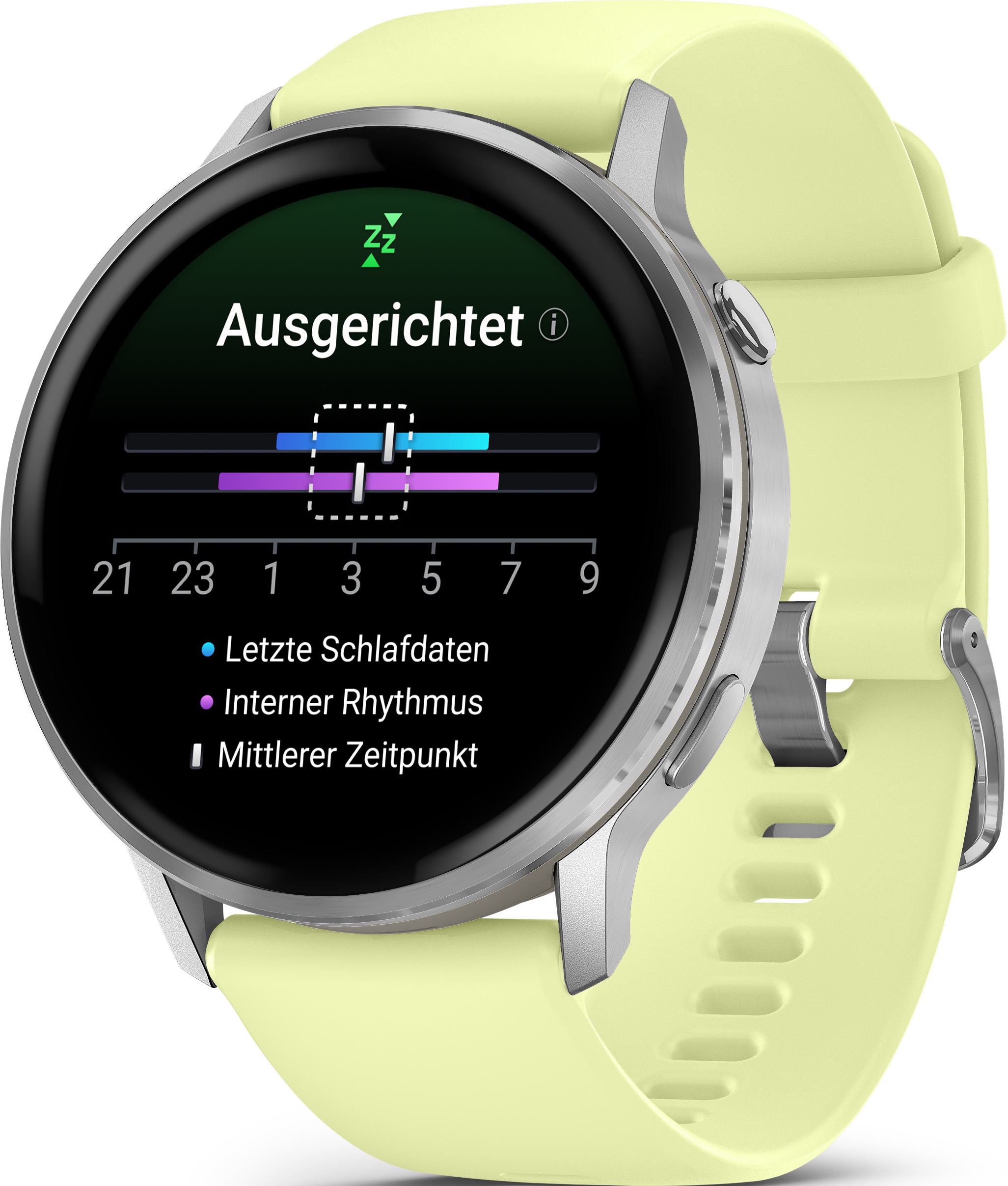 Une montre connectée affichant les données de sommeil. Le bracelet est vert clair et l'écran est noir.
