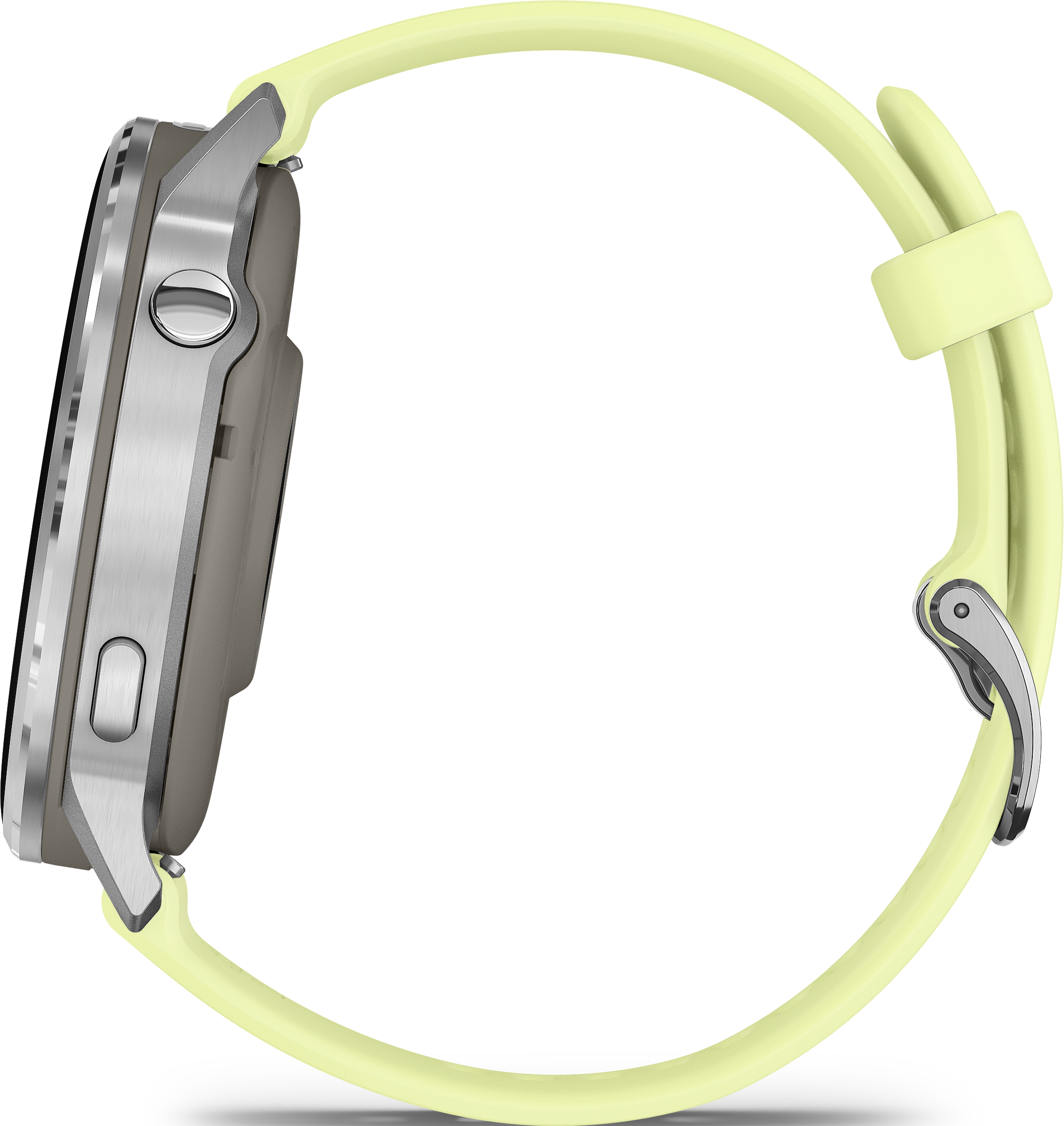Une montre connectée avec un bracelet vert clair. La montre est argentée et grise. Le fond est noir.