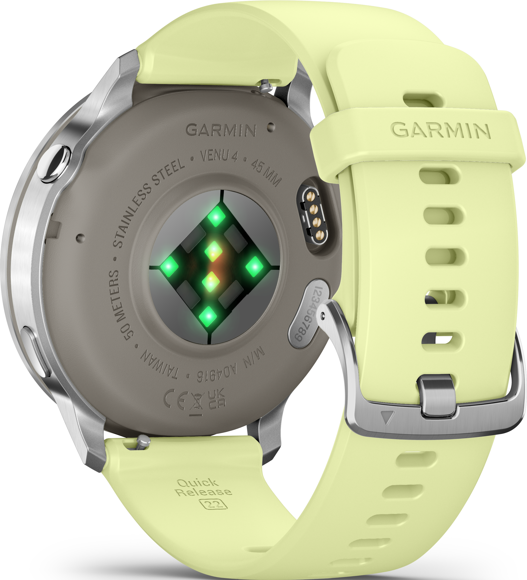 Une montre intelligente Garmin Venu 4, bracelet jaune clair, boîtier en acier inoxydable, avec capteur. Le dos affiche texte et numéro de série.
