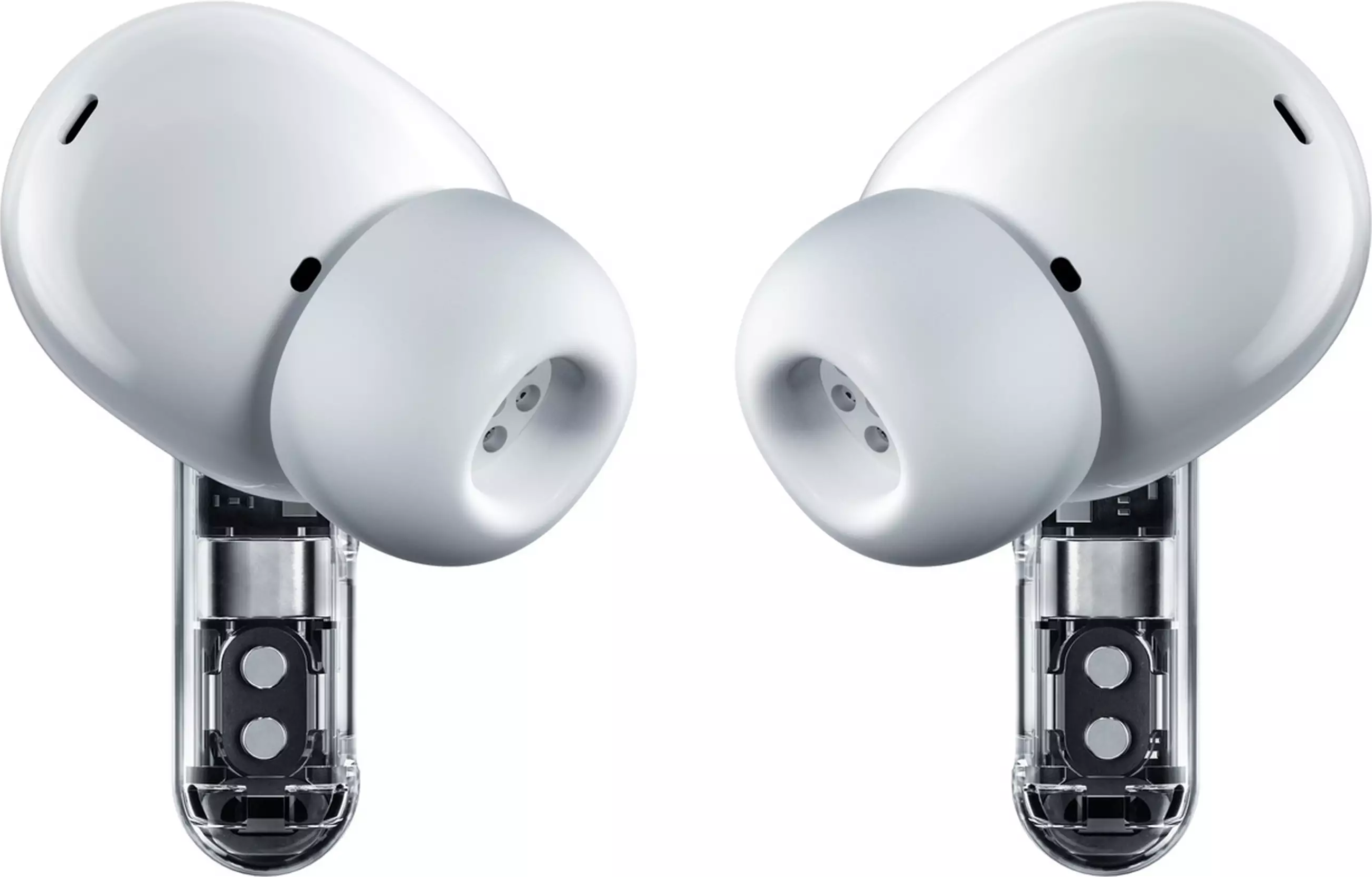 Deux écouteurs blancs avec des tiges transparentes, orientés vers le centre. Chaque écouteur a une tête bulbeuse et un petit évent.
