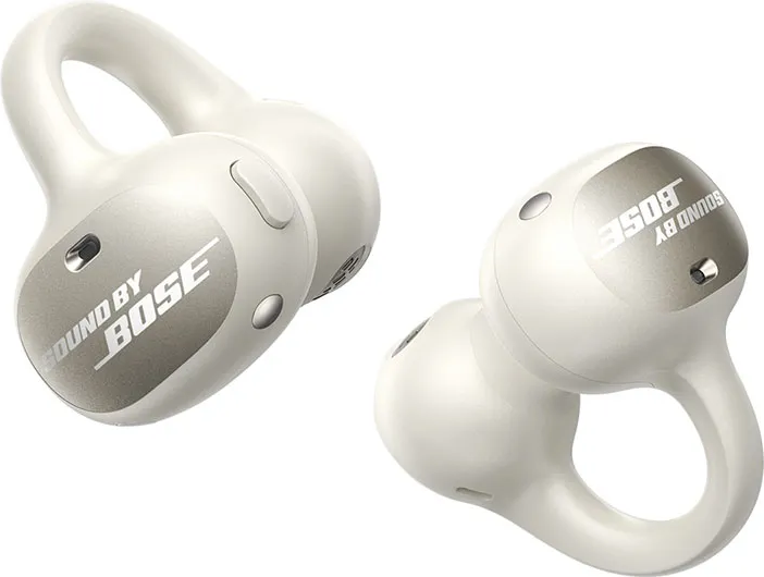 Zwei weiße Bose-Ohrhörer. Jeder hat ein abgerundetes Design mit einem Ohrbügel. Das Bose-Logo ist auf der Ohrhöreroberfläche zu sehen.