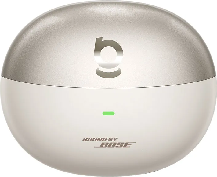 Ein weißes und silbernes Bose-Soundgerät mit einem grünen Licht und dem Bose-Logo.