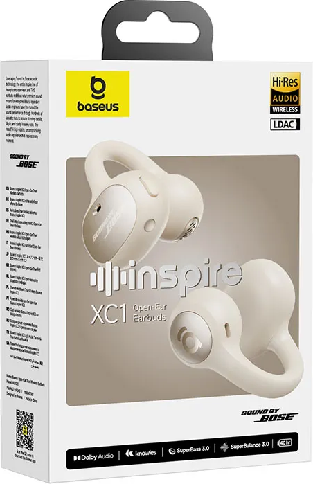 Die Box zeigt weiße Baseus XC1 Ohrhörer. Zu den Merkmalen gehören Hi-Res Audio Wireless, Dolby und SuperBass. Die Marke ist 'inspire'.