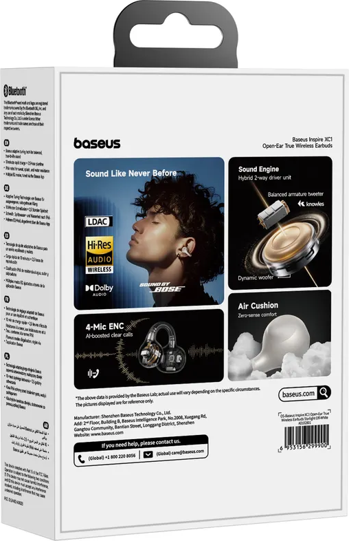 Schachtel mit Baseus Inspire XC1-Ohrhörern. Merkmale sind Hi-Res Audio, Dolby Audio und 4-Mic ENC. Ein Mann ist auf der Box.