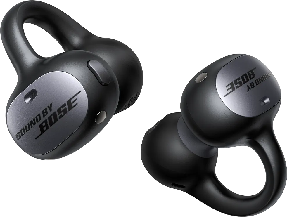 Zwei schwarze Bose-Ohrhörer mit Ohrbügeln. Die Ohrhörer sind grau und schwarz mit dem Bose-Logo. Der Hintergrund ist schwarz.