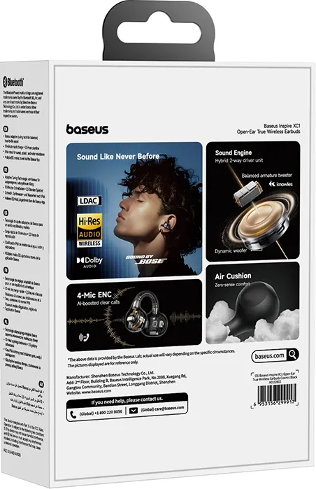 Weiße Baseus-Kopfhörerbox. Eigenschaften: Hi-Res Audio, Dolby Audio und 4-Mic ENC. Zeigt eine Person mit Kopfhörern.