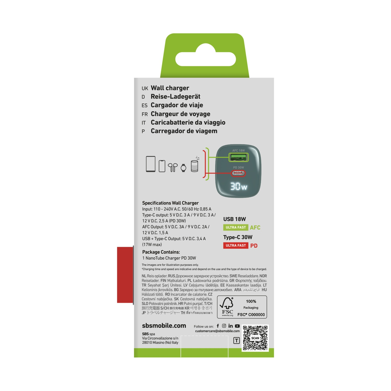 Confezione bianca per caricabatterie da muro. Testo in più lingue. Il caricabatterie ha due porte USB, una con cavo rosso e verde.