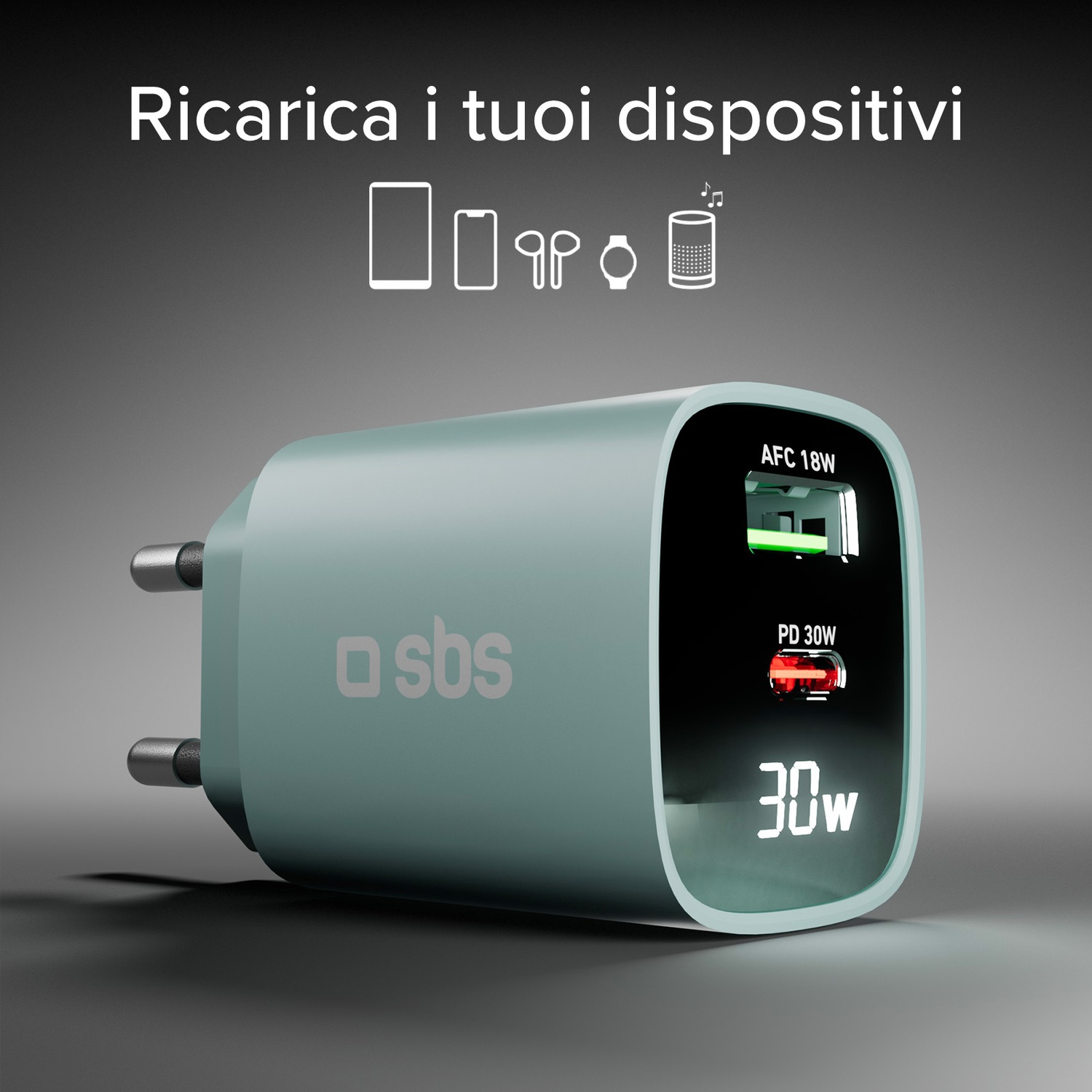 Un caricatore turchese con due porte USB, che mostra '30W'. Il testo superiore dice 'Ricarica i tuoi dispositivi', con icone di dispositivi.