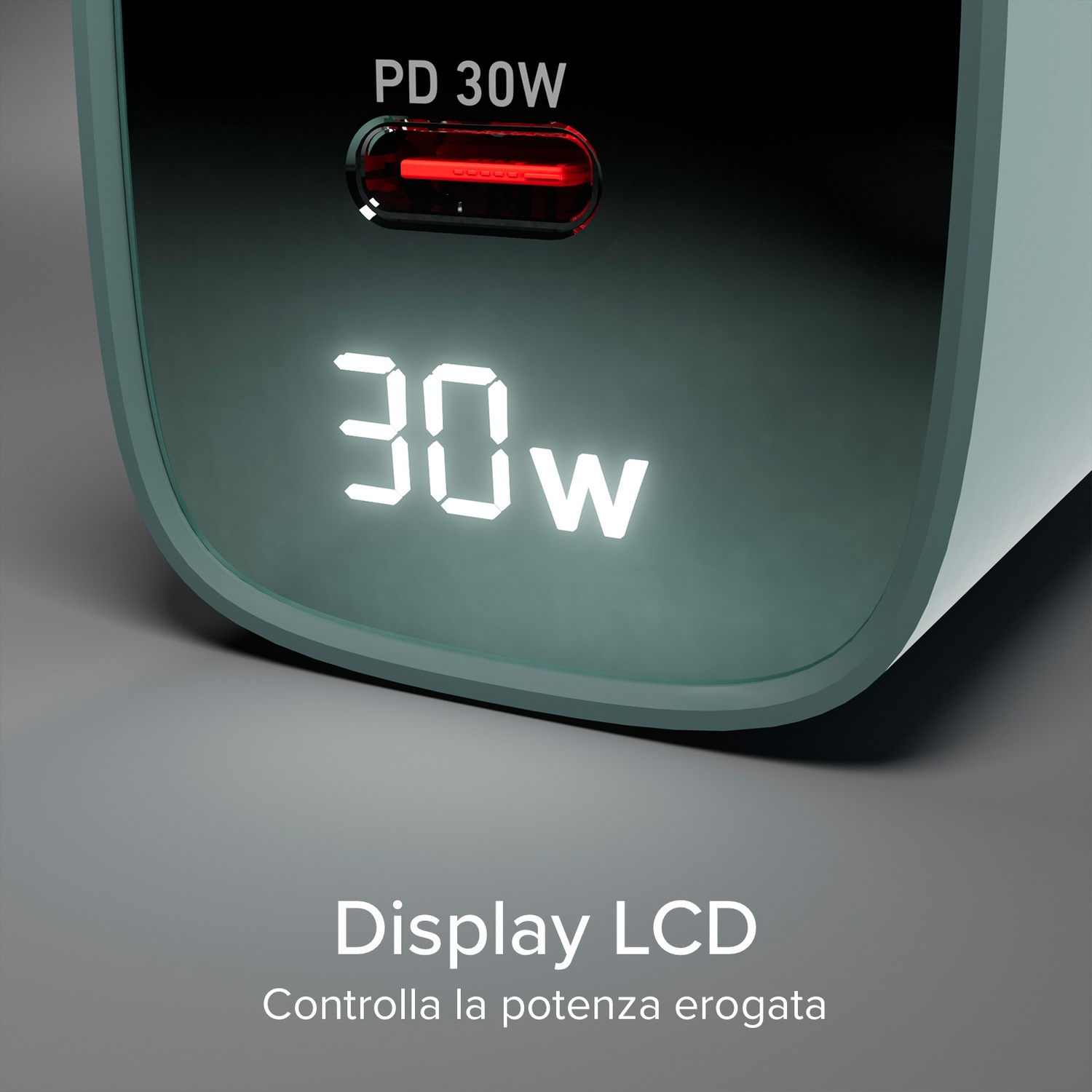 Primo piano di un adattatore di alimentazione con display digitale che mostra 30W. L'adattatore ha una porta di ricarica rossa e la scritta 'Display LCD'.