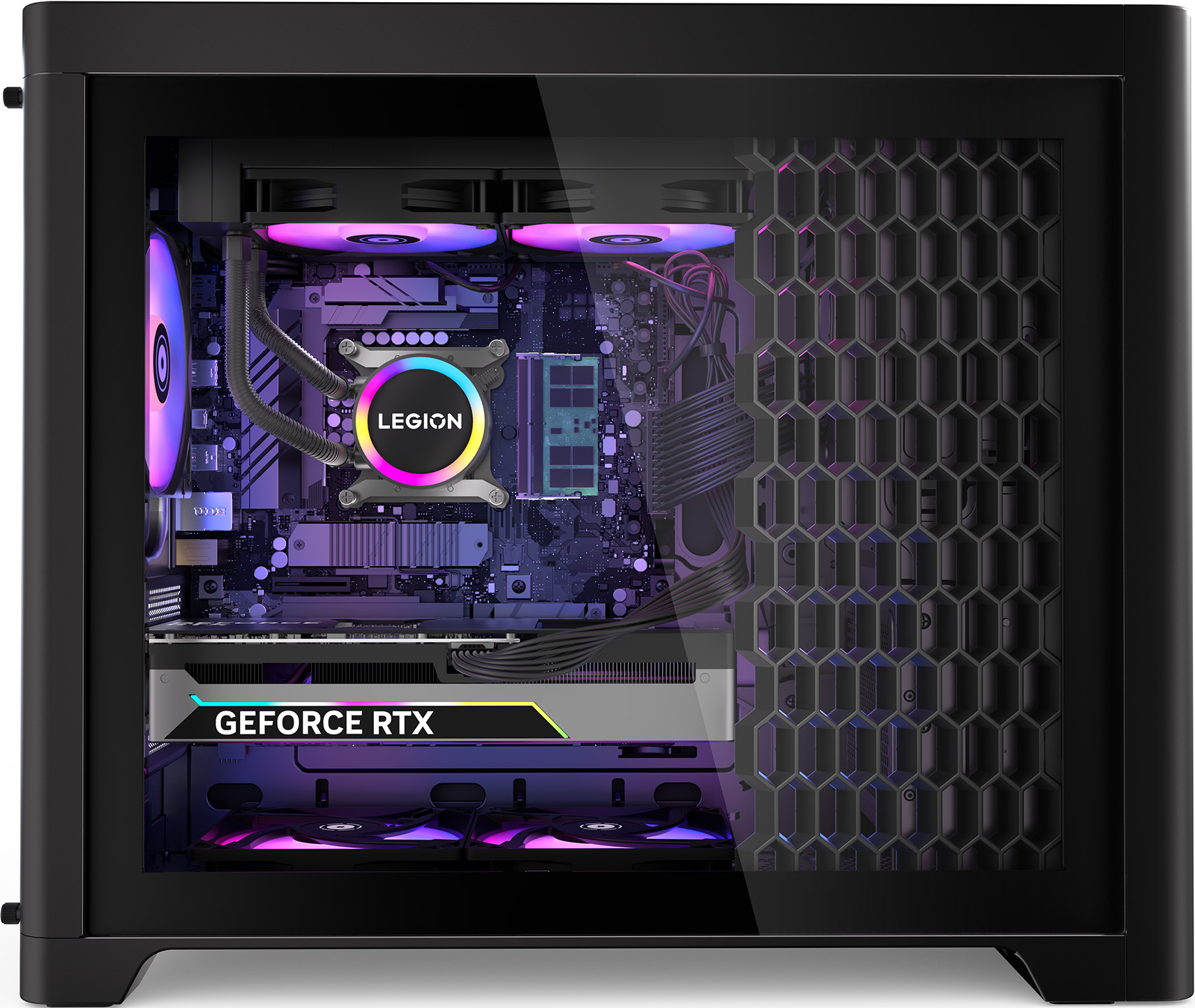 Un case nero per computer con pannello laterale in vetro. All'interno, una scheda grafica GeForce RTX e un dissipatore Legion.