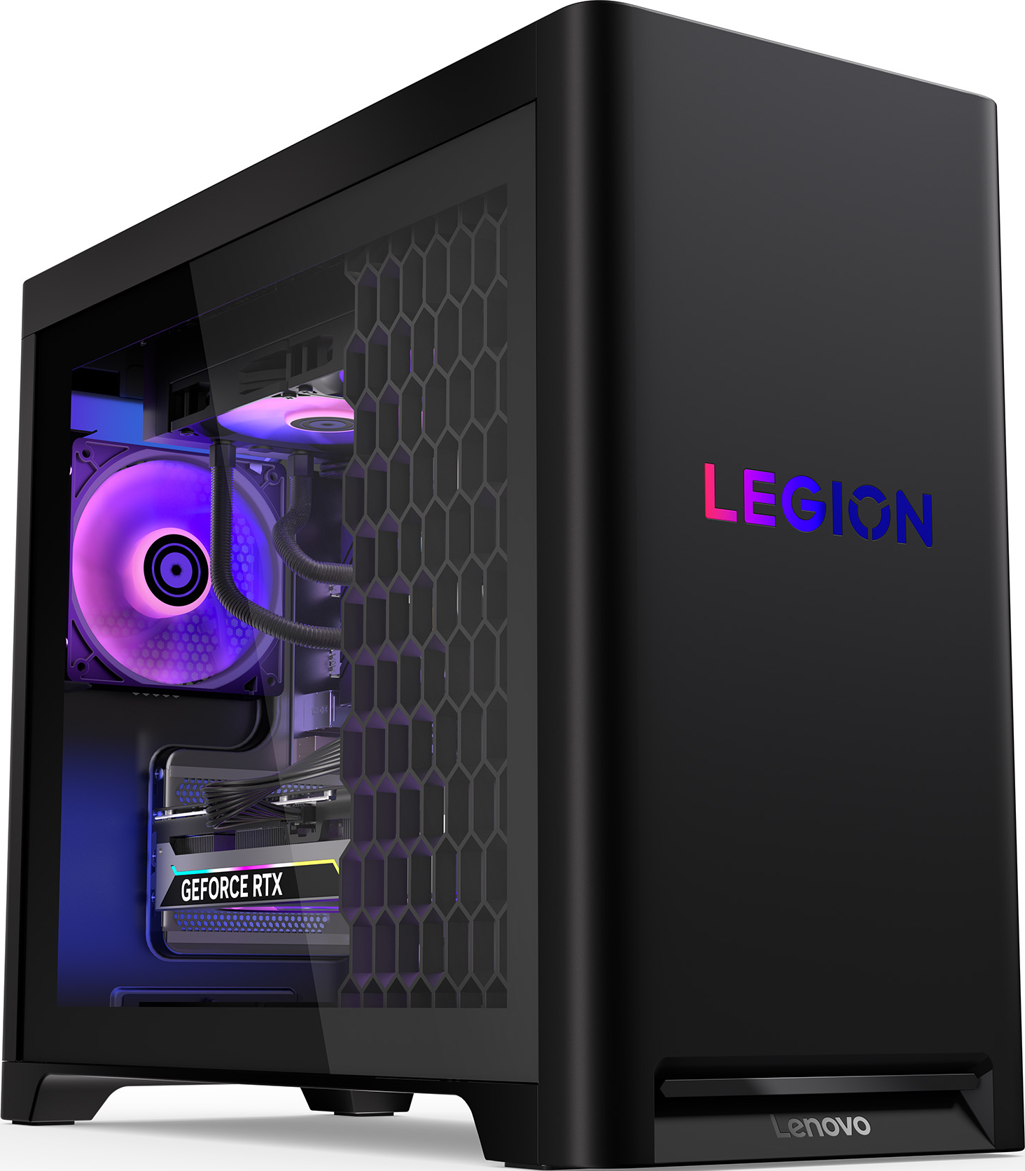 PC Lenovo Legion nero. All'interno, una ventola luminosa e una scheda GeForce RTX. Il case ha un pannello laterale in vetro e il logo Legion.